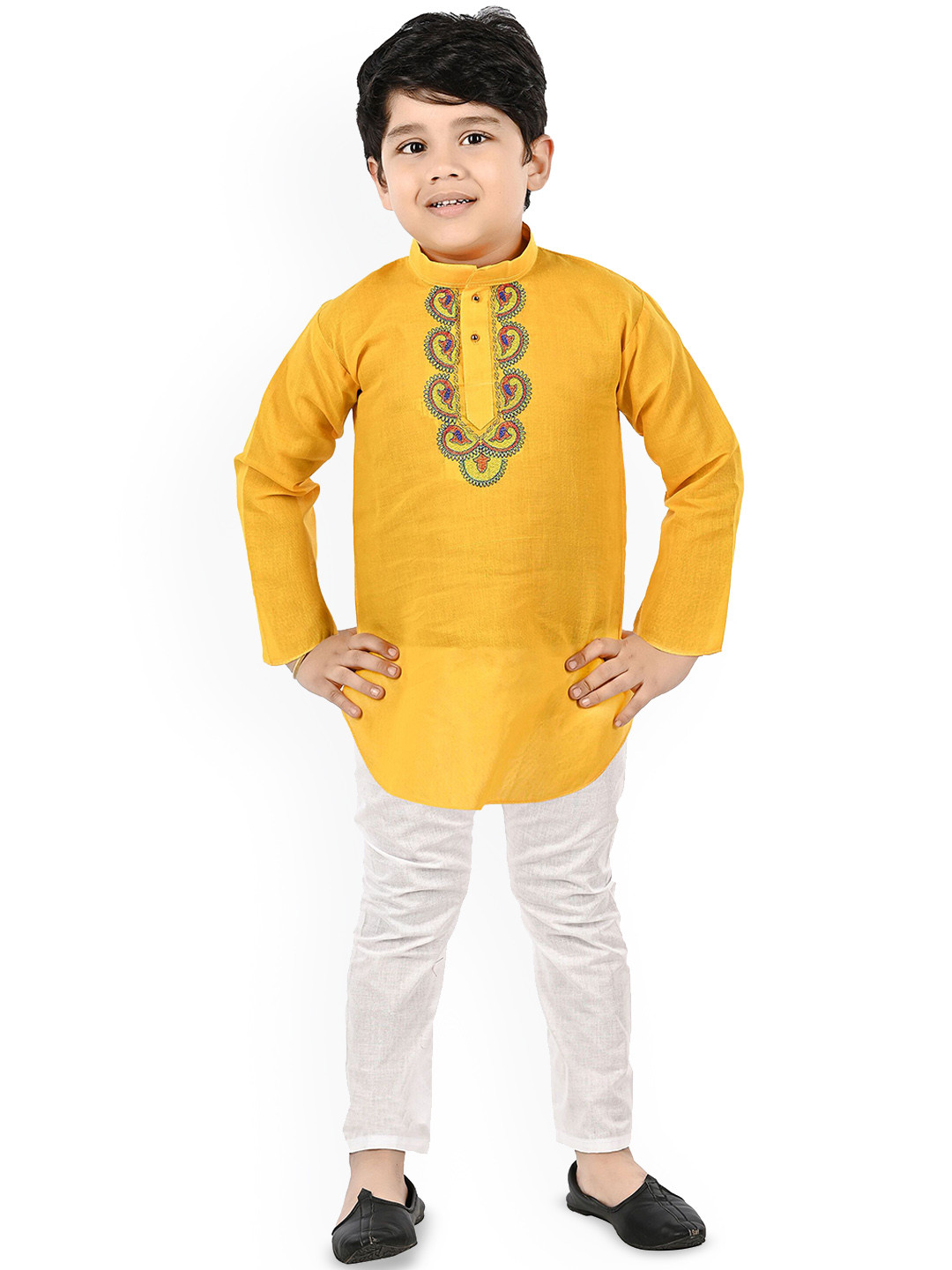 NEW GEN Boys Floral Yoke Design Mandarin Collar Straight Kurta With Trouser