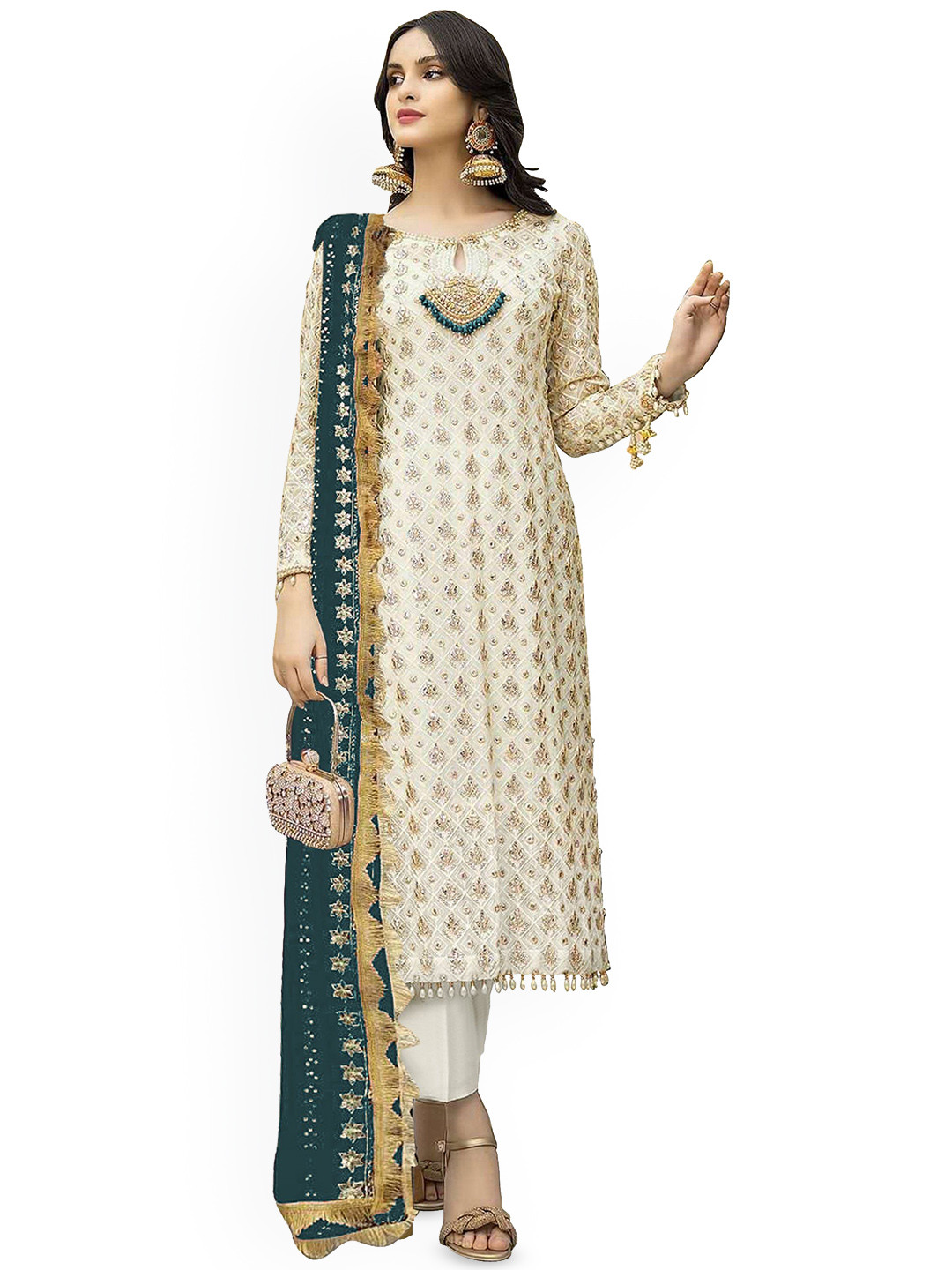 ZONFAB Floral Embroidered Sequinned Georgette  Semi-Stitched Dress Material
