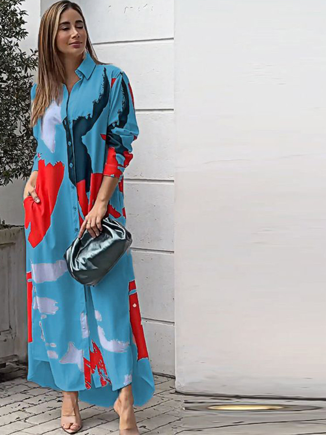 StyleCast Women Abstract Printed Roll-Up Sleeves Shirt Maxi Dress With Utility Pockets