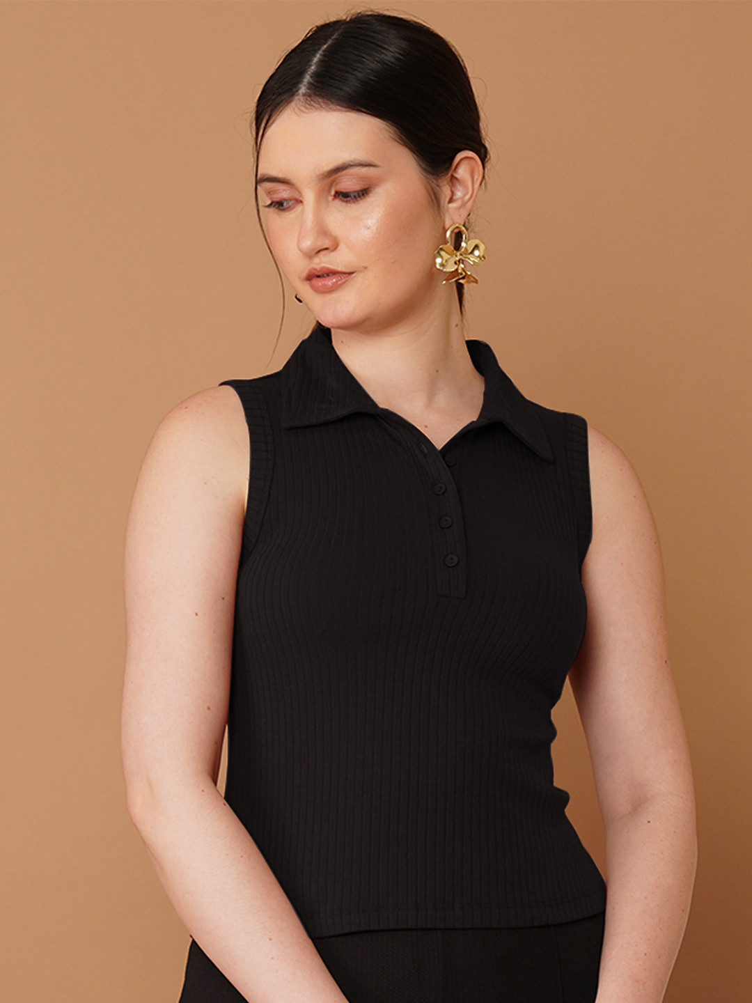Chemistry Women Ribbed Shirt Collar Sleeveless Top