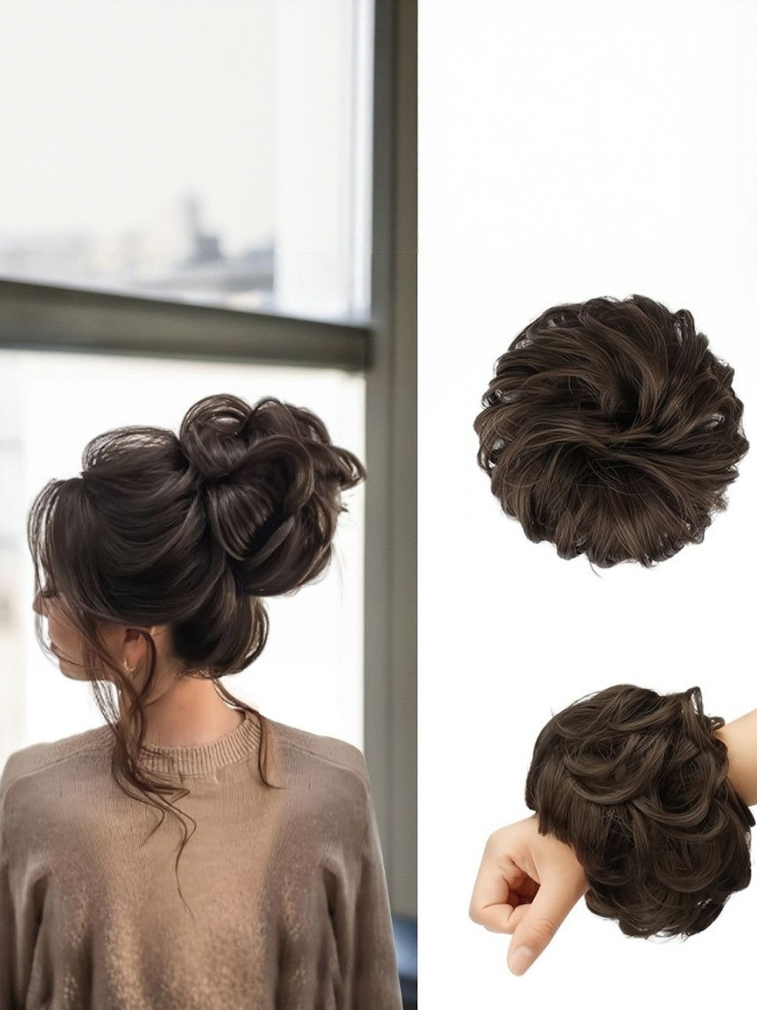 VIEWS Women Brown Halo Wavy Bun Hair Extension 8 Inch
