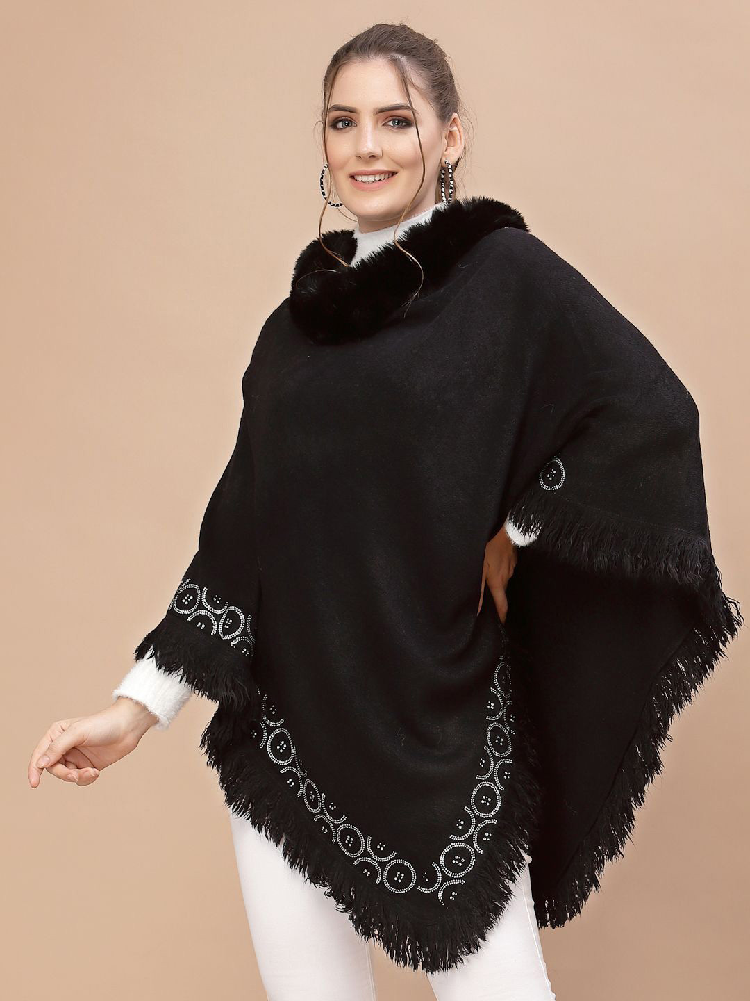 Mafadeny Stylish Fur Collar and Embellished Border Poncho