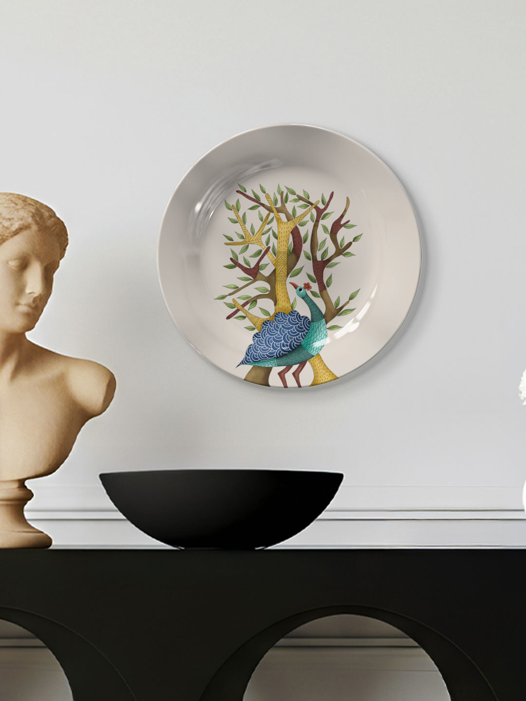 DESSINE ART Green & Yellow Peacock Gond Art Decorative Wall Plate