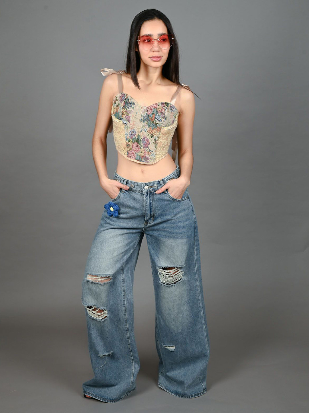 ODETTE Women Floral Print Woven With Lace Net Corset Top