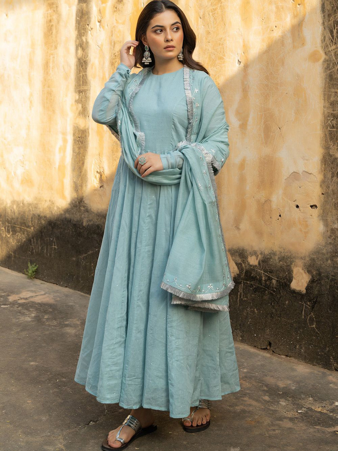 TERHA TAALI Women Sequinned Pure Cotton Anarkali Kurta with Churidar & Dupatta
