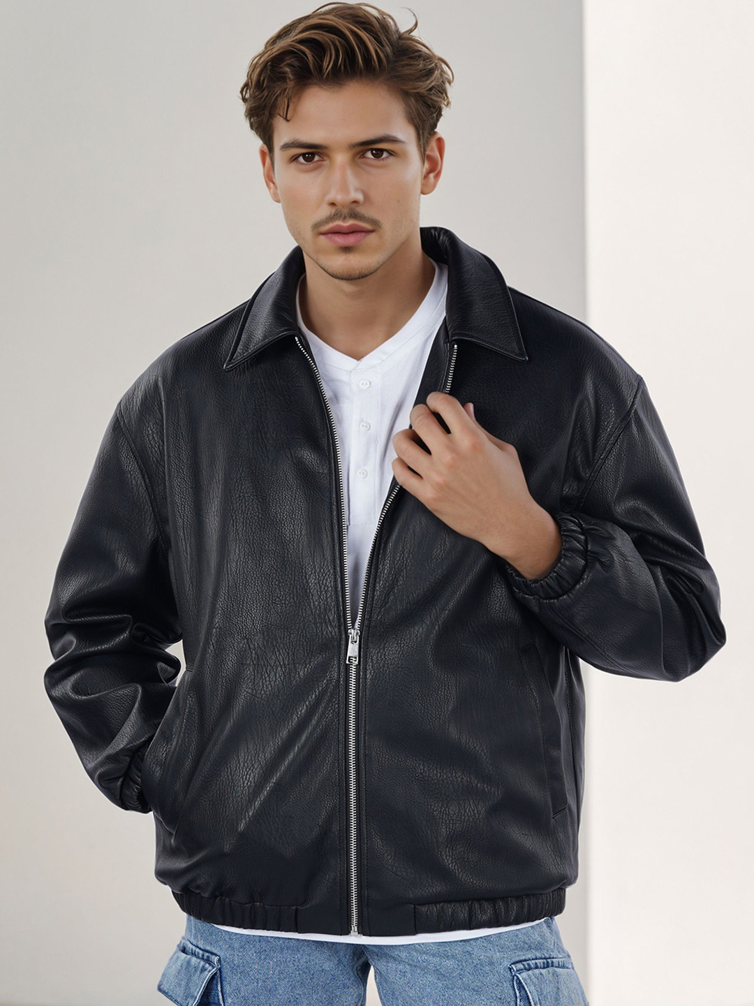 Celio Men Spread Collar Solid Leather Jacket