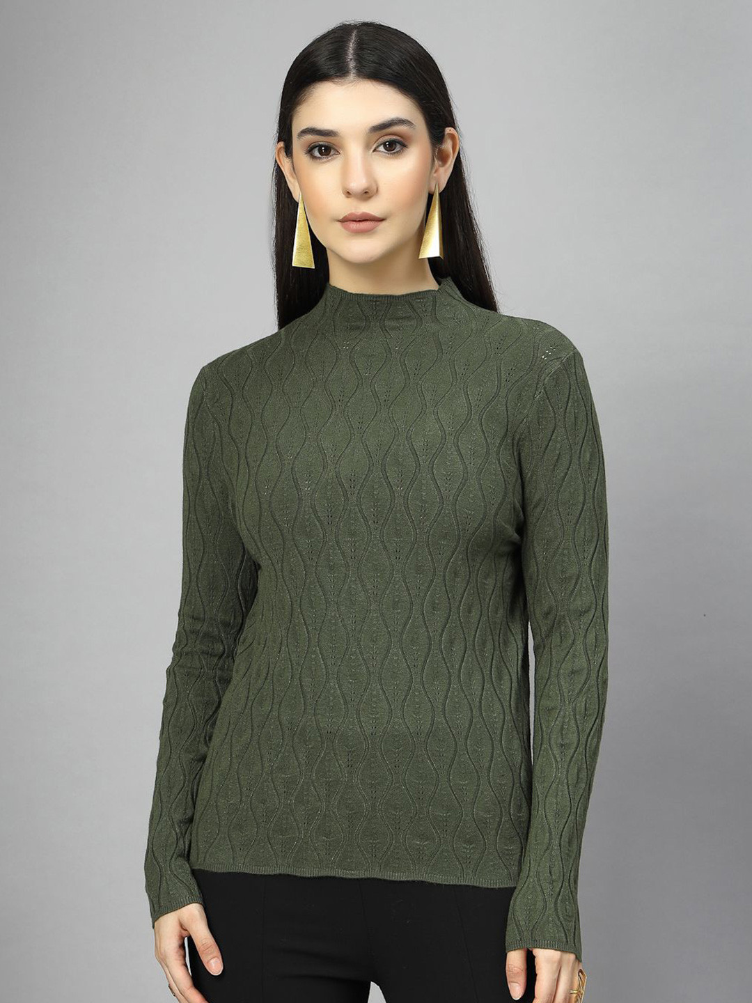 Mafadeny Women Ribbed Textured High Neck Long Sleeve Top