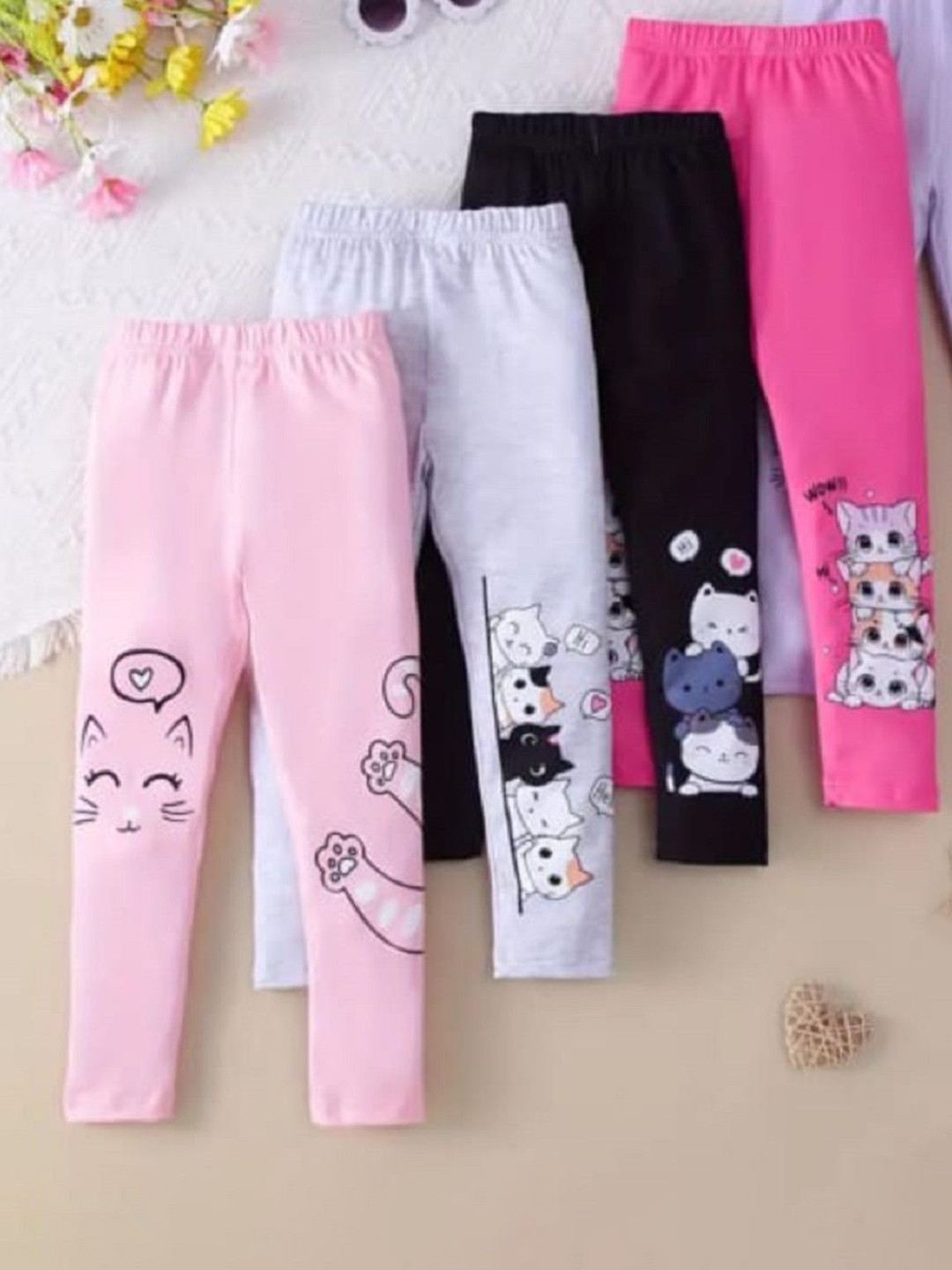 Kaff Girls Pack Of 4 Cat Printed Churidar-Length Leggings
