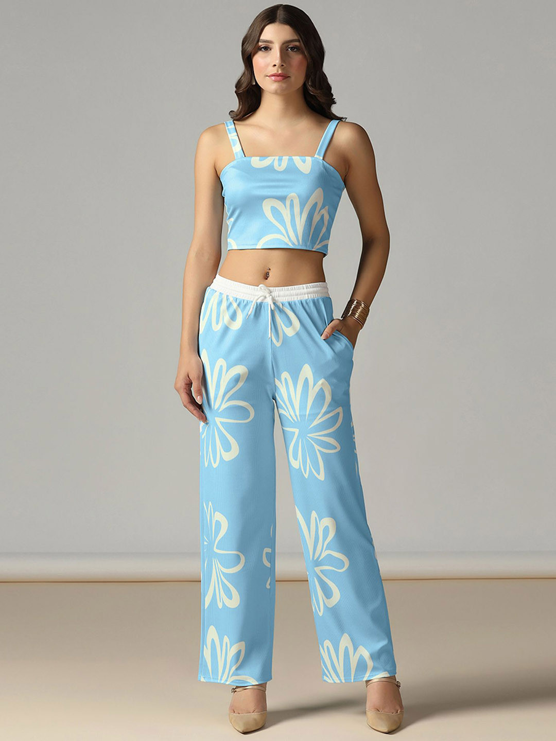 Selvia Edge Skyline Ease Collection Floral Printed Shoulder Strap Top & Trousers