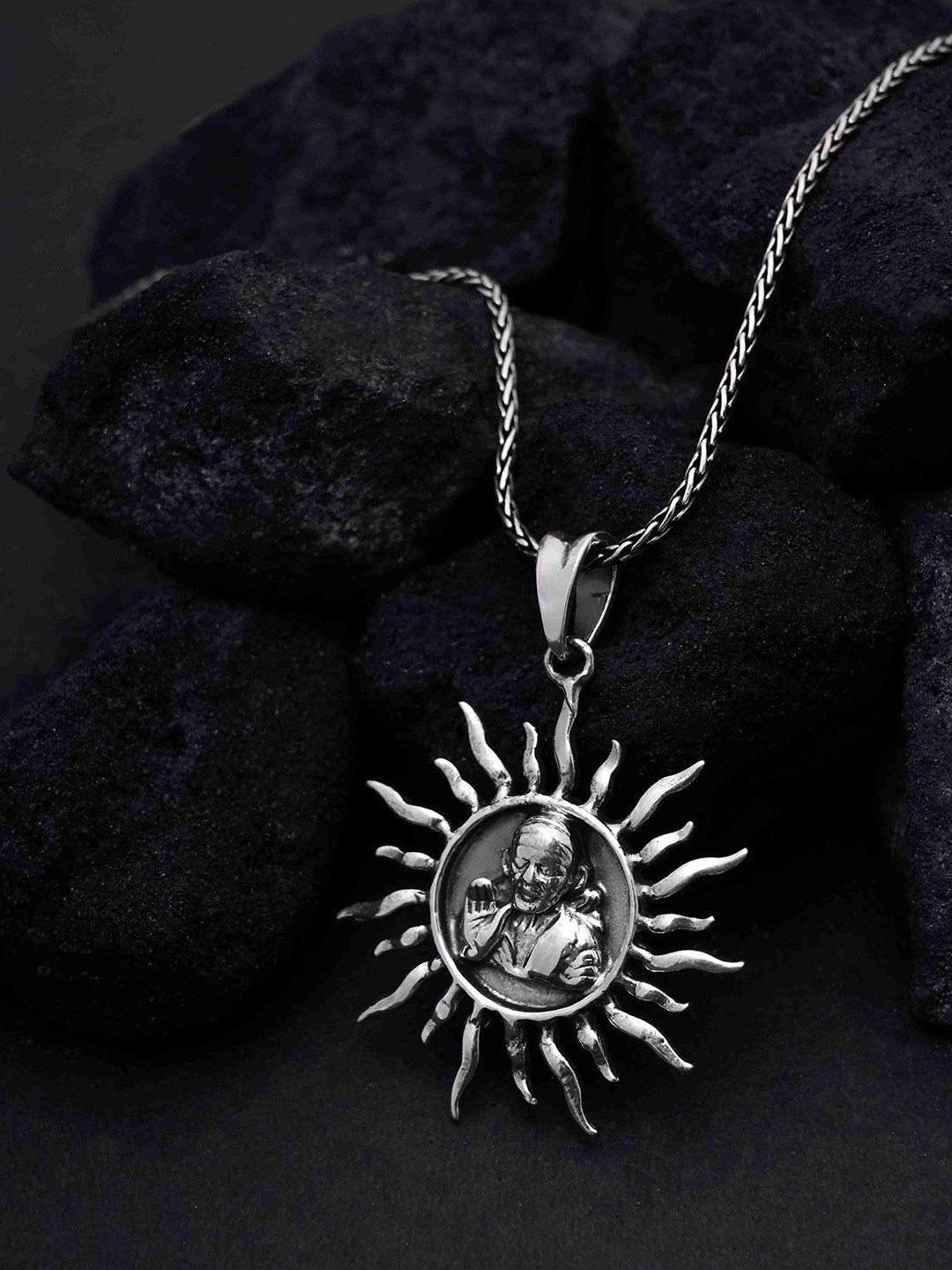 DIAVO Men 925 Silver-Plated Goddess Sai Baba Namo Light of Serenity Pendant