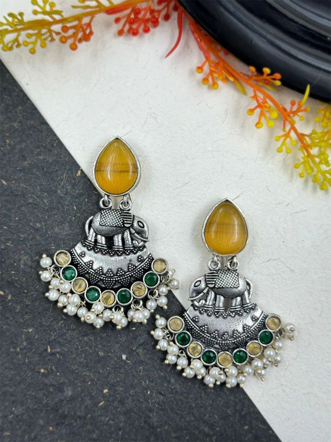 NAMAN ARTS Silver-Plated AD Studded And Pearls Beaded Oxidized Elephant Shaped Chandbalis