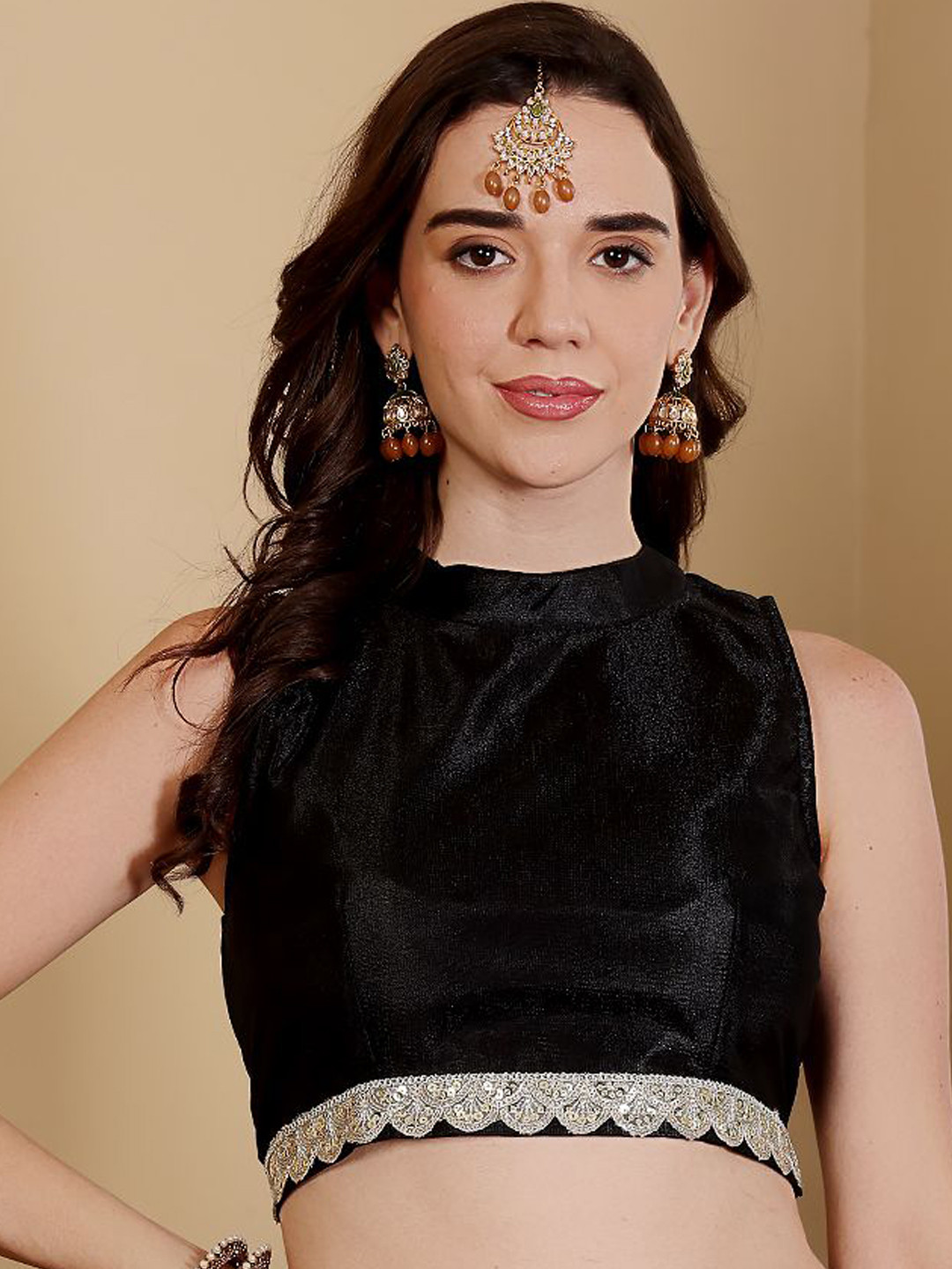 Frolic Rolic Embellished Mandarin Collar Lace-Detail Sleeveless Saree Blouse