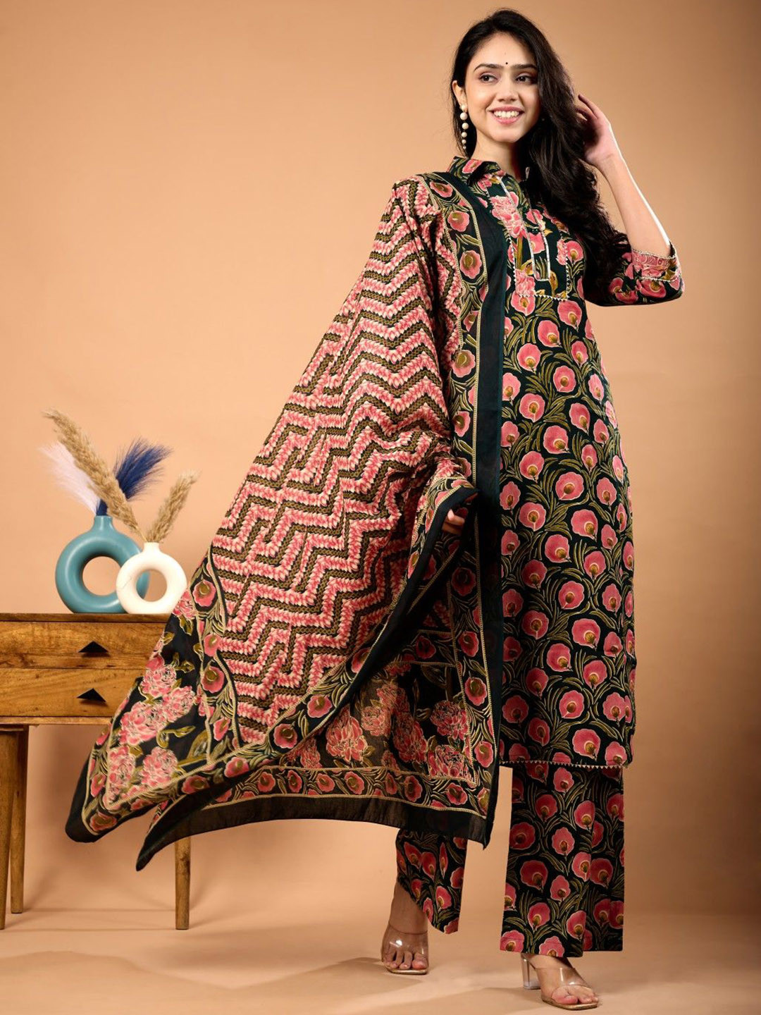 Le Mec Floral Printed Shirt Collar Gotta Patti Pure Cotton Kurta With Palazzos & Dupatta