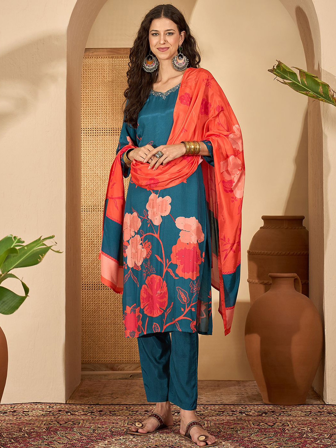 Banwaree Floral Yoke Design Pure Silk Kurta With Trousers & Dupatta