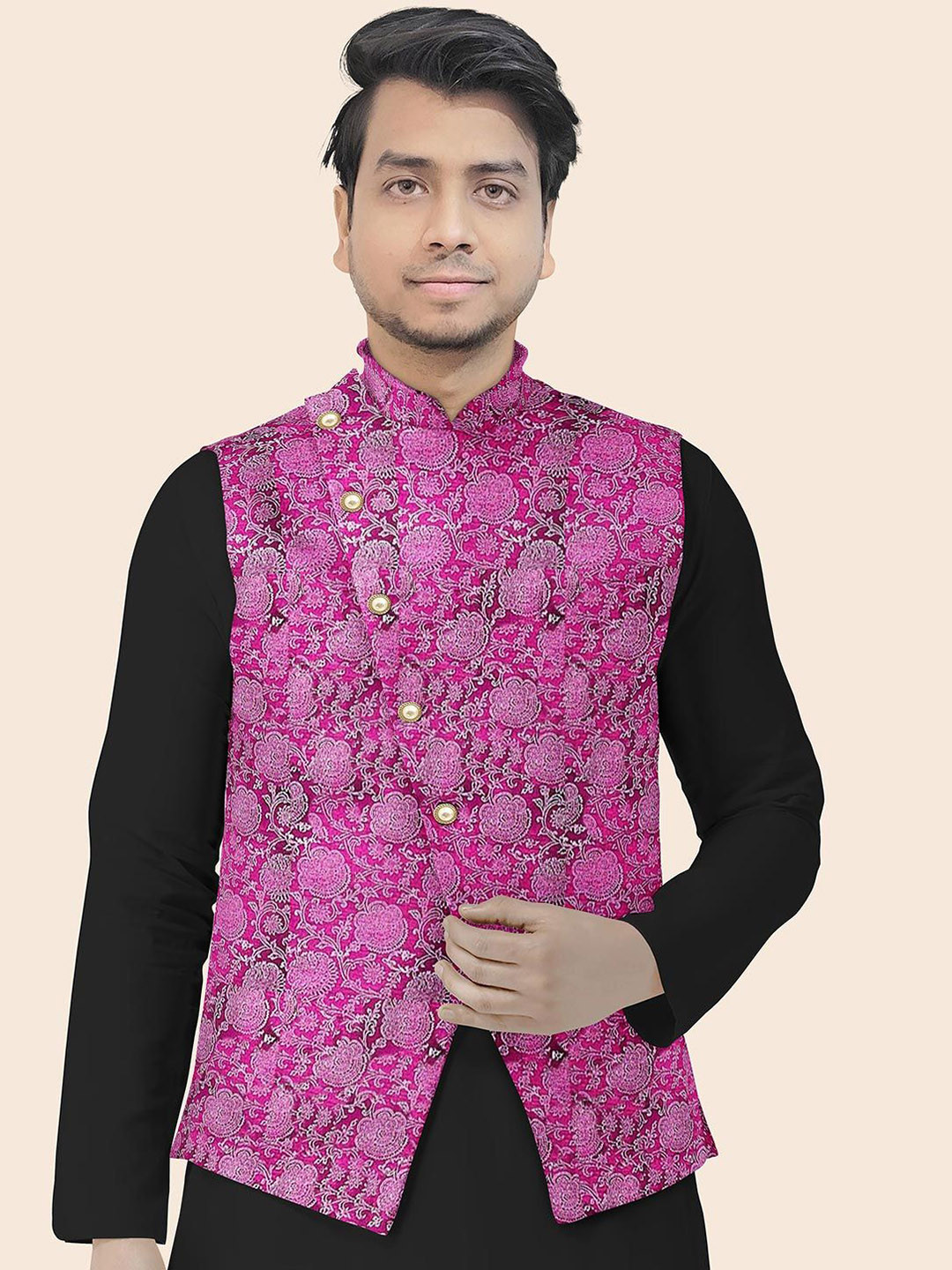 Utsav Fashion Block Printed Art Silk Nehru Jacket in Magenta