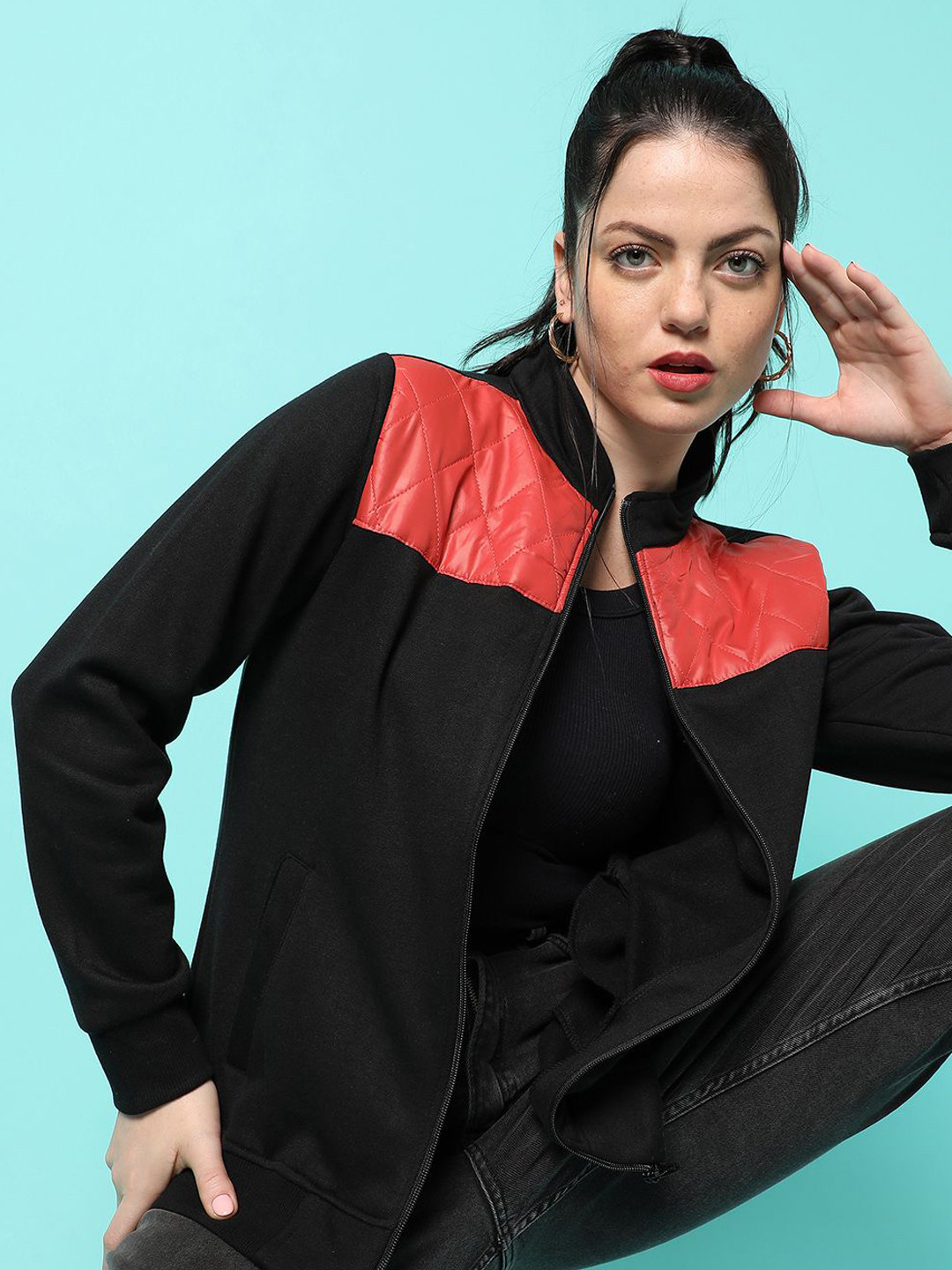 Campus Sutra Women Mock Collar Colourblocked Lightweight Leather Cotton Jacket