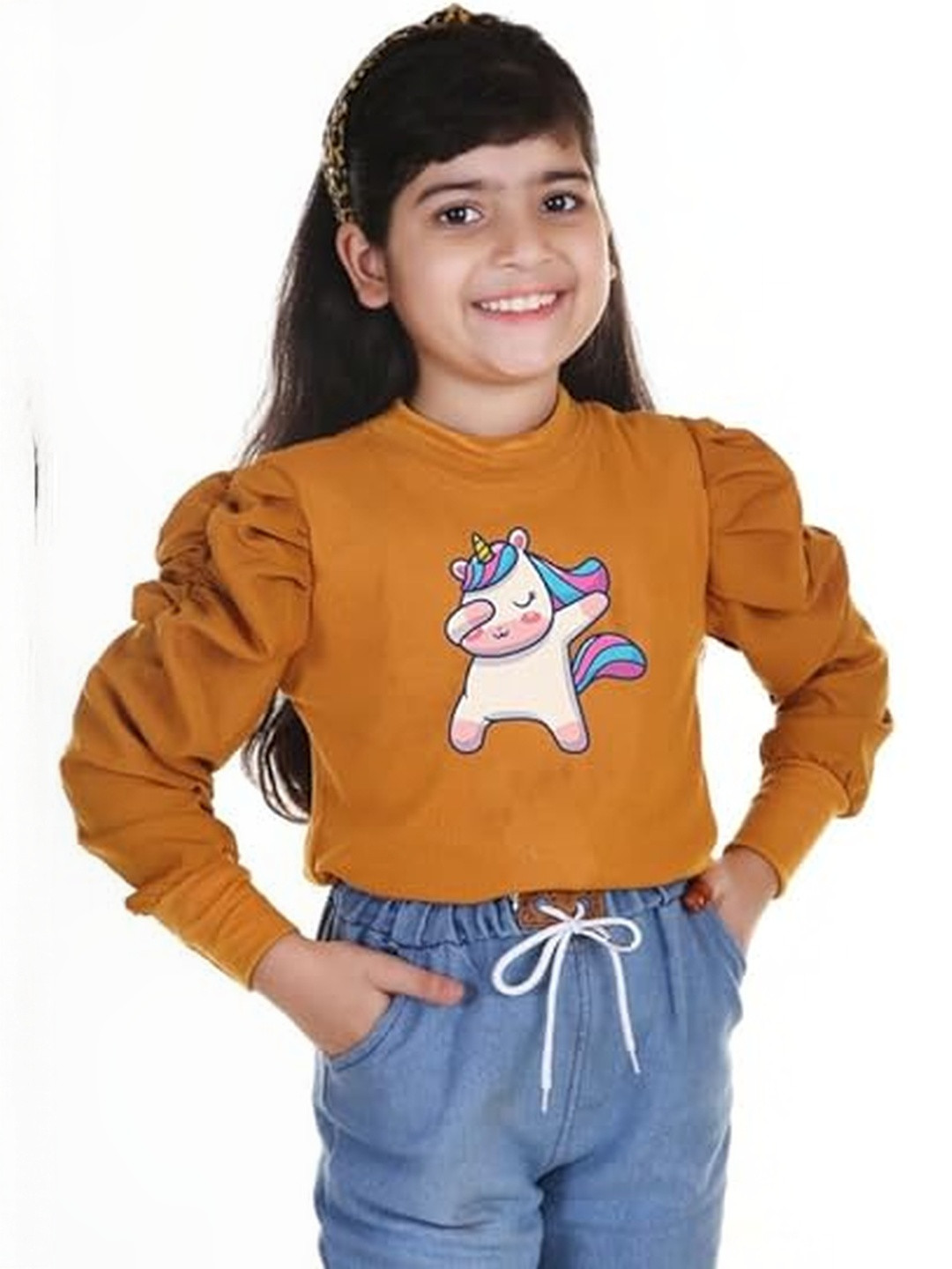 KIROTO Girls Mustard Unicorn Dance Puff Full Sleeve Round Neck Top