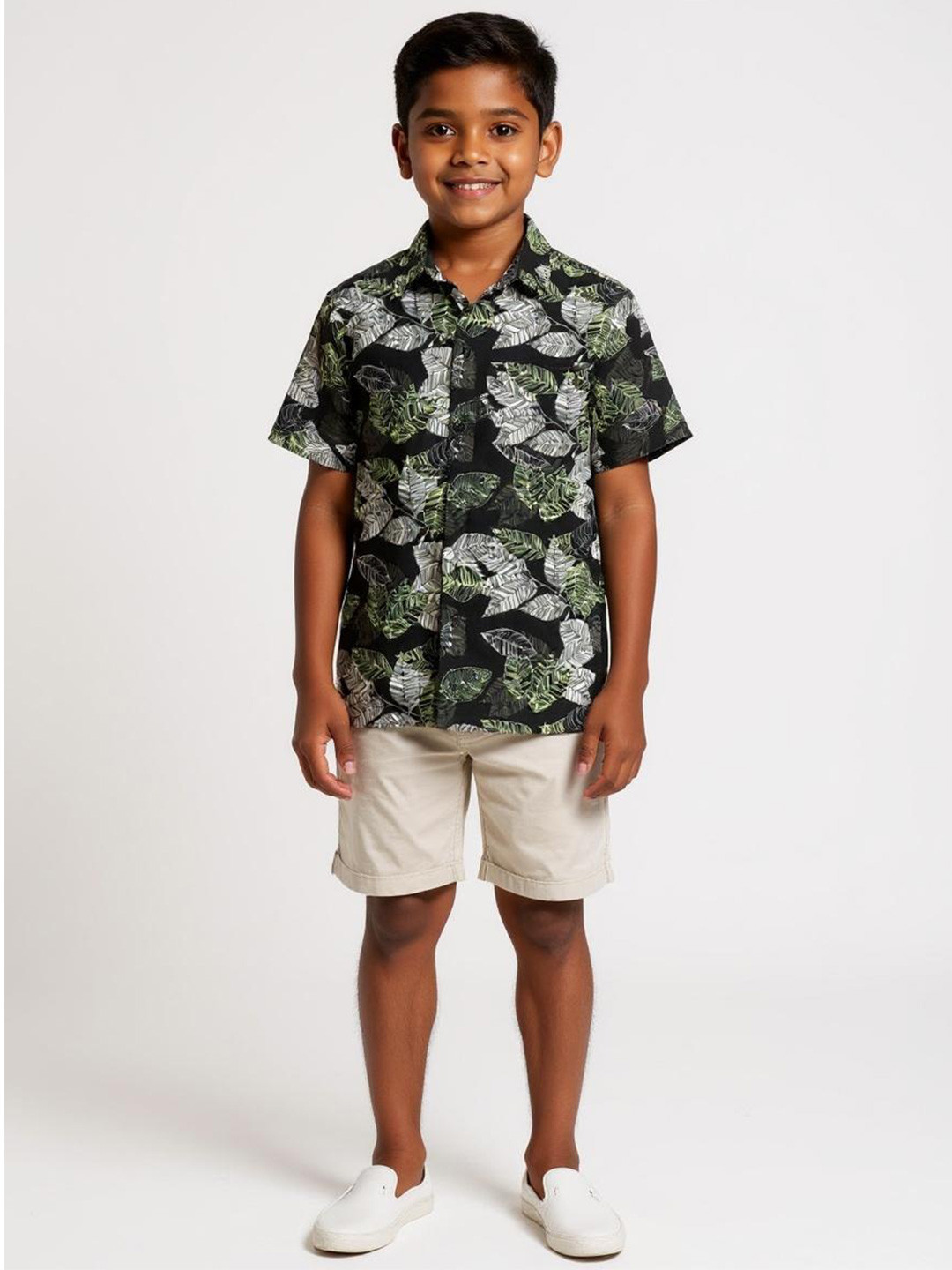 The Lion and The Fish Boys Relaxed Fit Electric Leaf Printed Cuban Collar Shirt