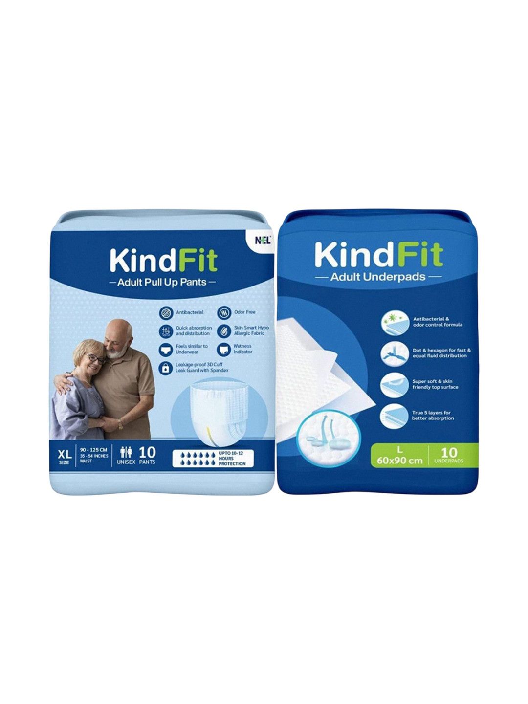 Kindfit Unisex Set Of 2 Pull-Up Pants Adult Diapers With Underpads - 10 Pcs Each - M