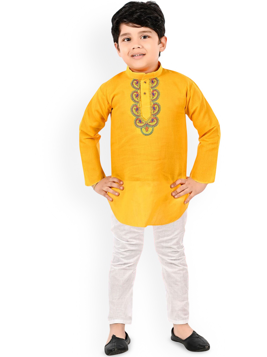NEW GEN Boys Floral Yoke Design Mandarin Collar Straight Kurta With Trouser