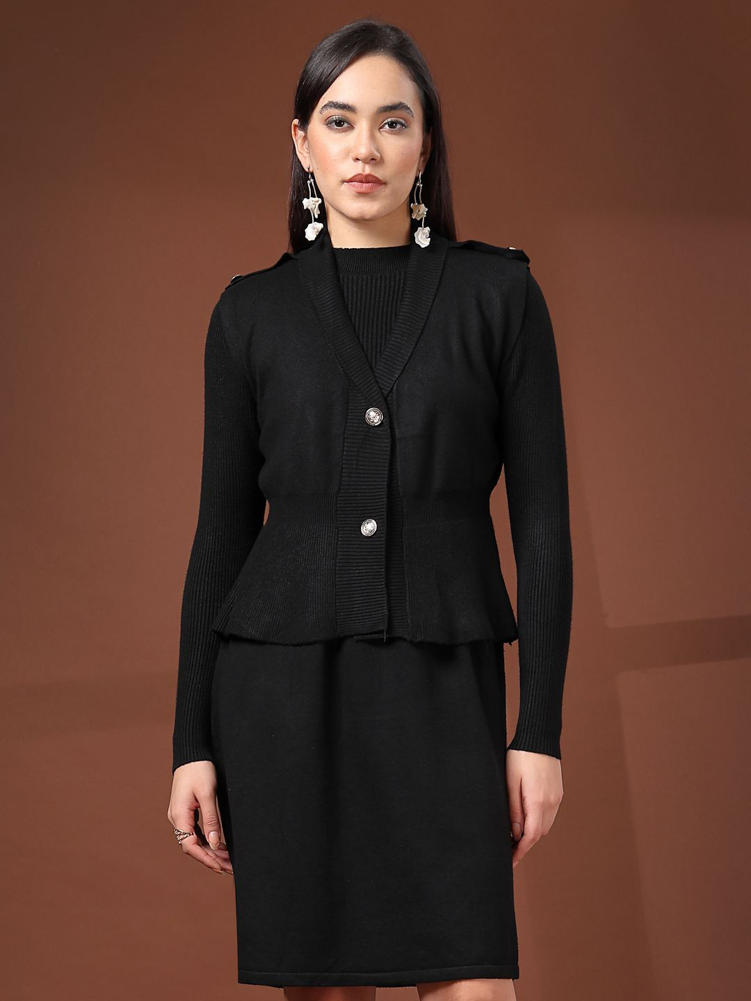 Mafadeny Scoop Neck Dress with Cropped Cardigan & Statement Button Detail