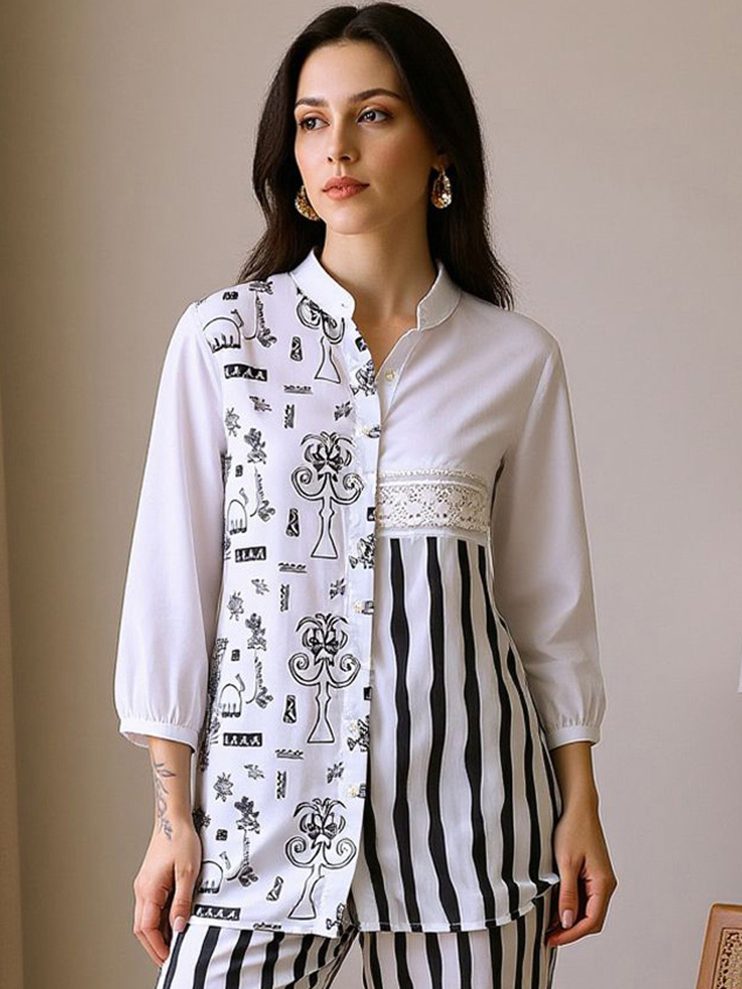 QISSA Printed Black Striped Mandarin Collar Straight Kurti With Trousers Kurta Set