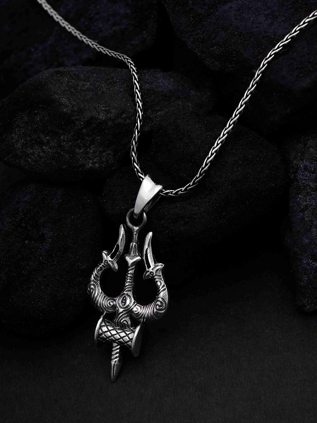 DIAVO Men 925 Silver-Plated Trishul Of Protection Pendant