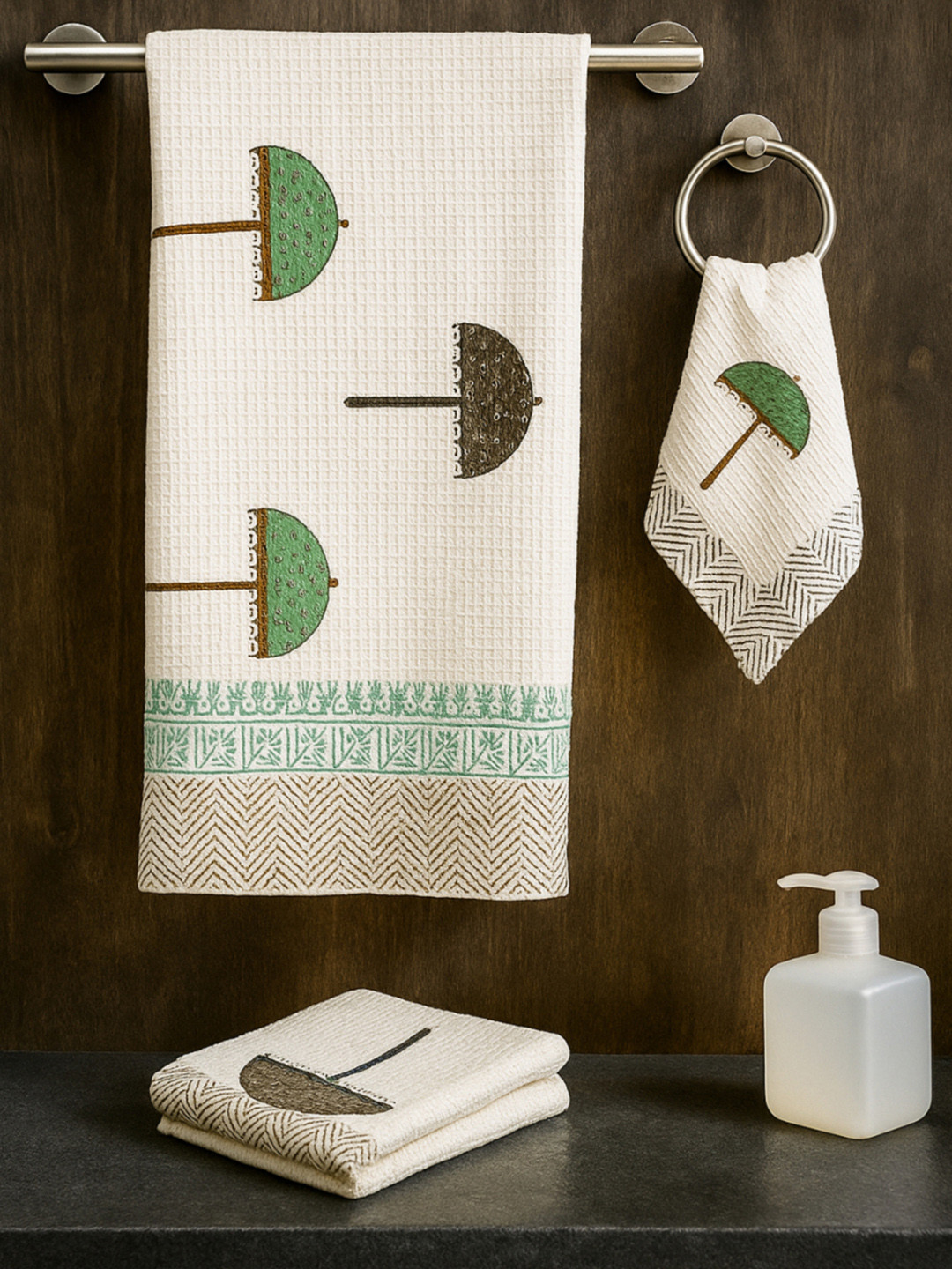 LIVING ROOTS Green 3 Pieces Block Printed 210 GSM Waffle Cotton Soft & Absorbent Towel Set