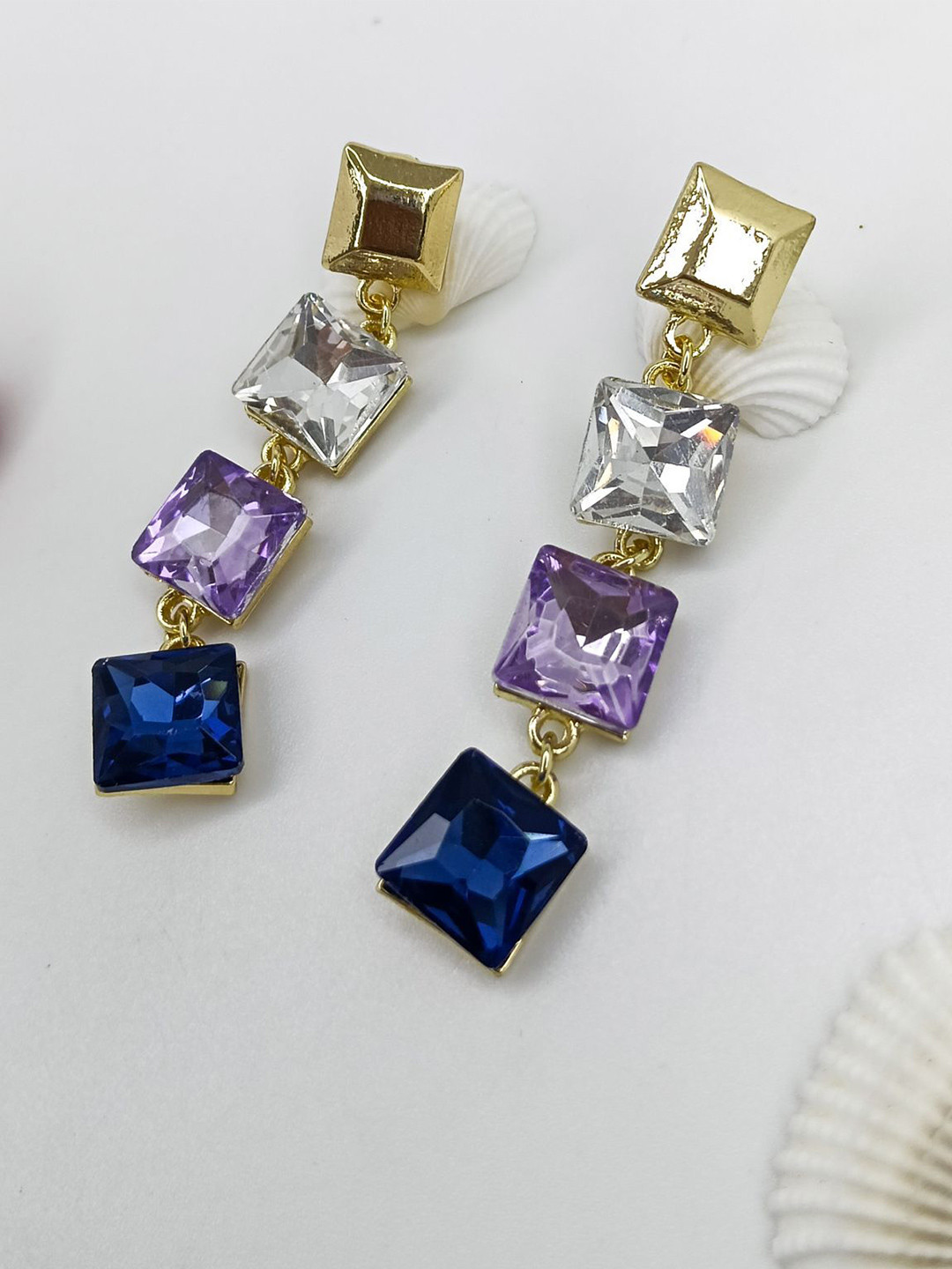 VELVET IMPERIAL Gold-Plated Artificial Stones Studded Square Shaped Drop Earrings