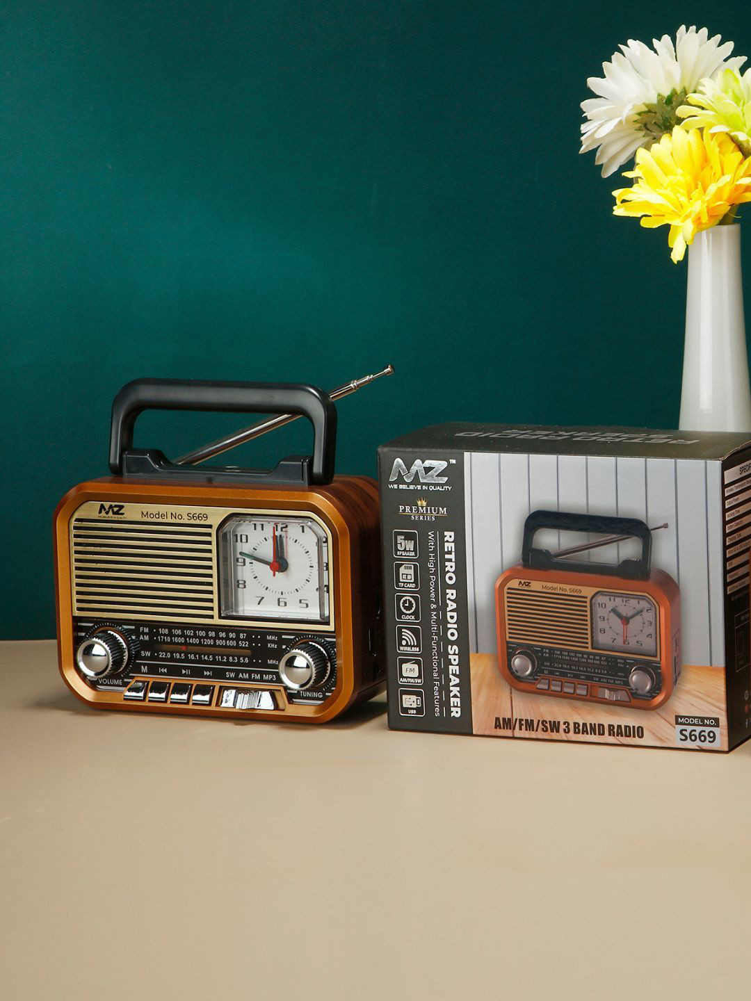 MZ S666 Retro Multi-Functional with High Power Clock & 5W & 1500mAh Battery Radio Speaker