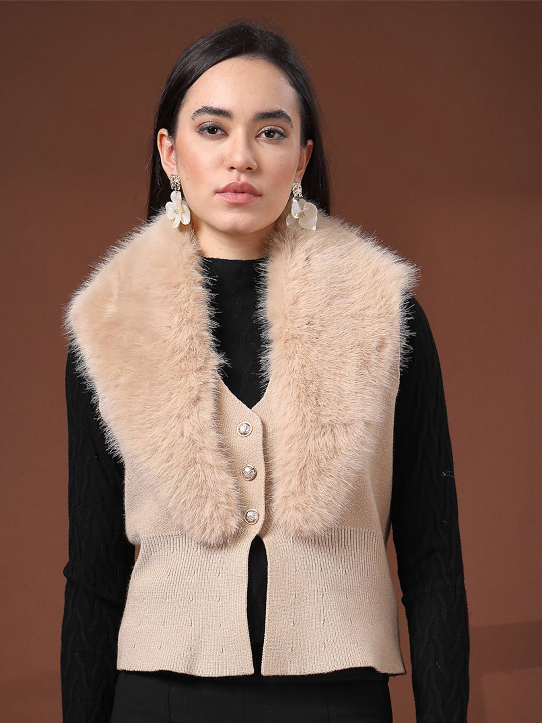 Mafadeny Women Sleeveless Cardigan with Faux Fur Collar