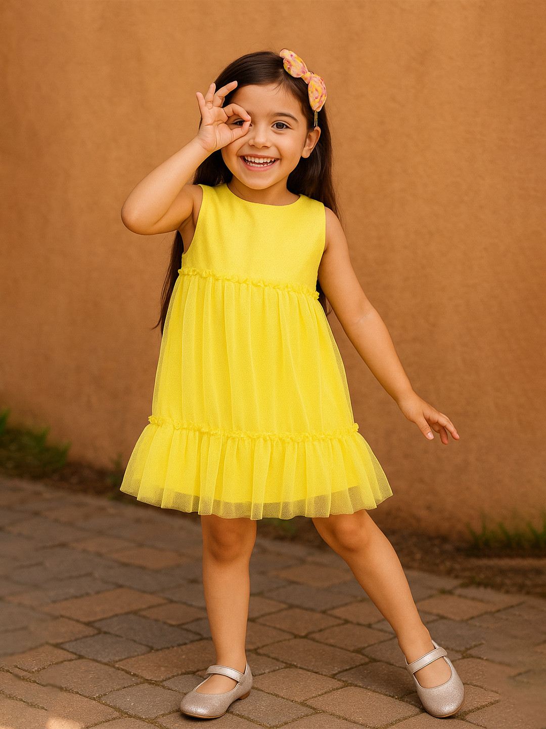 KidsDew Girls Yellow Net Fit and Flare Dress