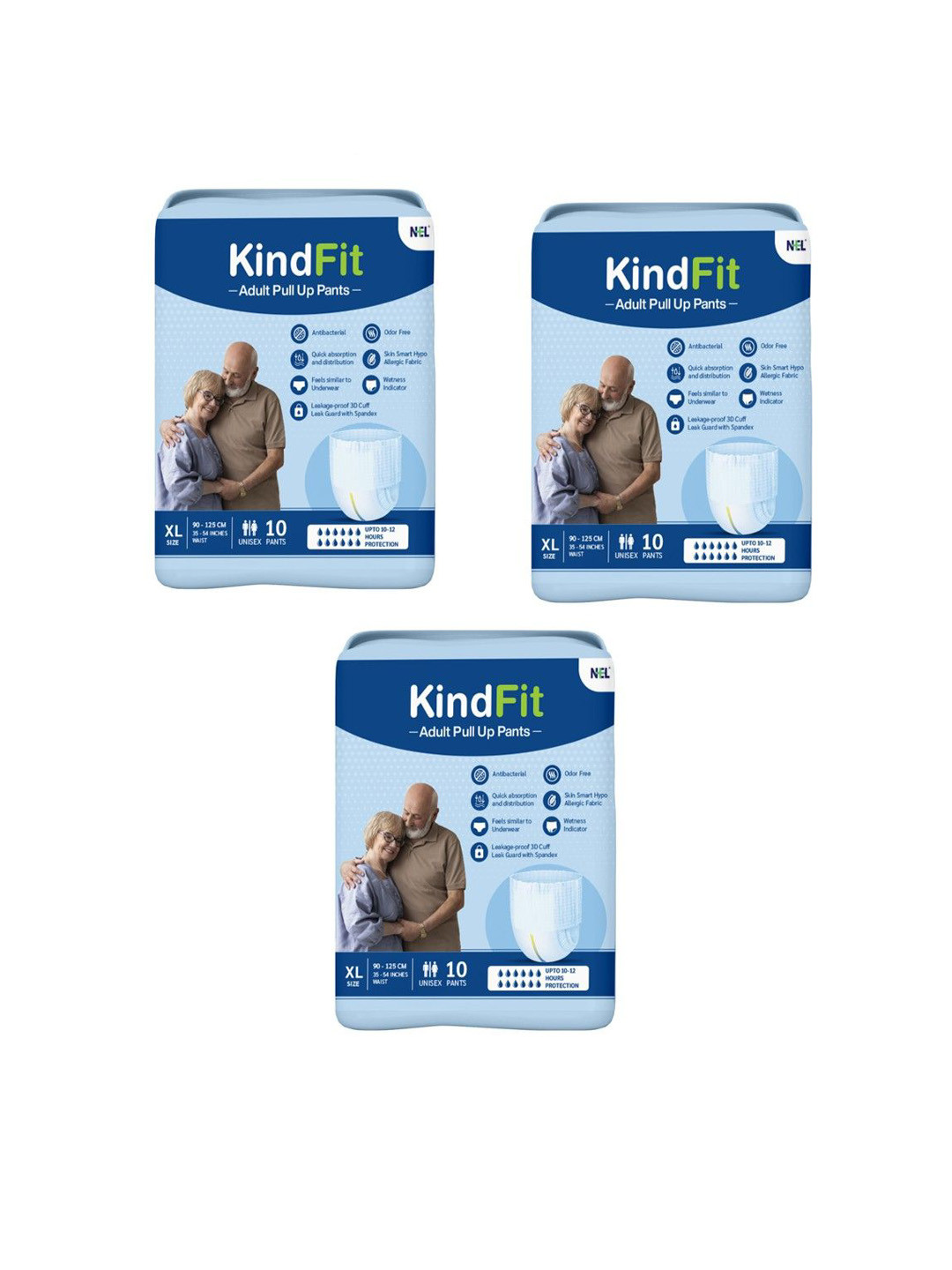 Kindfit Unisex Set Of 3 Disposable Pull-Up Pants Adult Diapers - 10 Pcs Each - XL