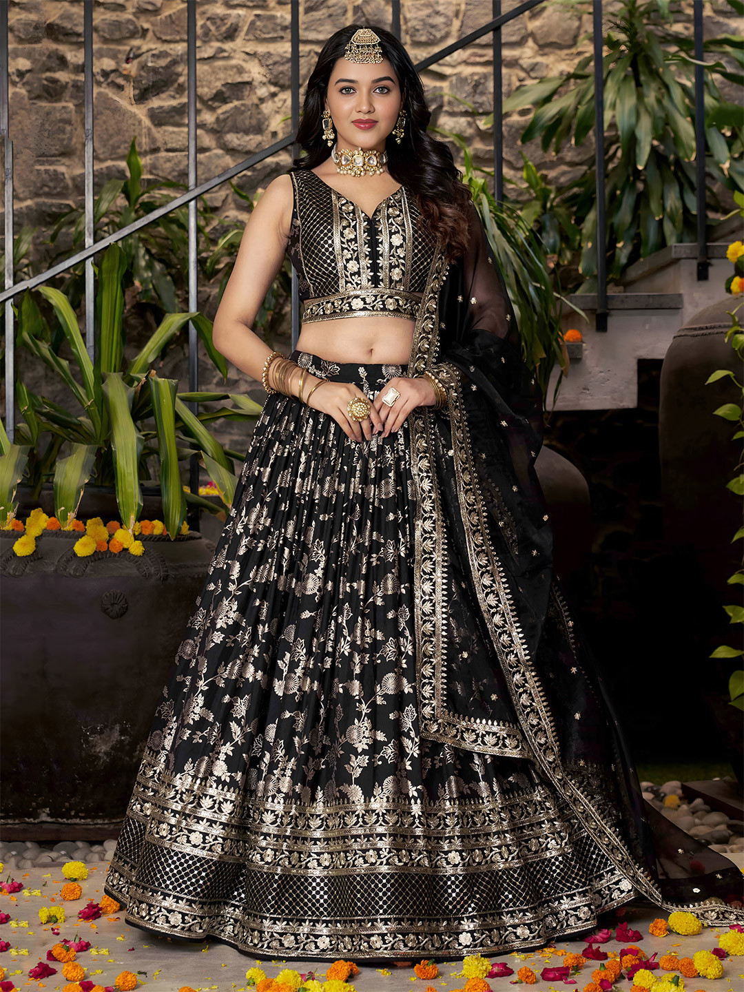 ETHNIC PLUS Sequinned Embroidered Silk Lehenga Choli With Dupatta