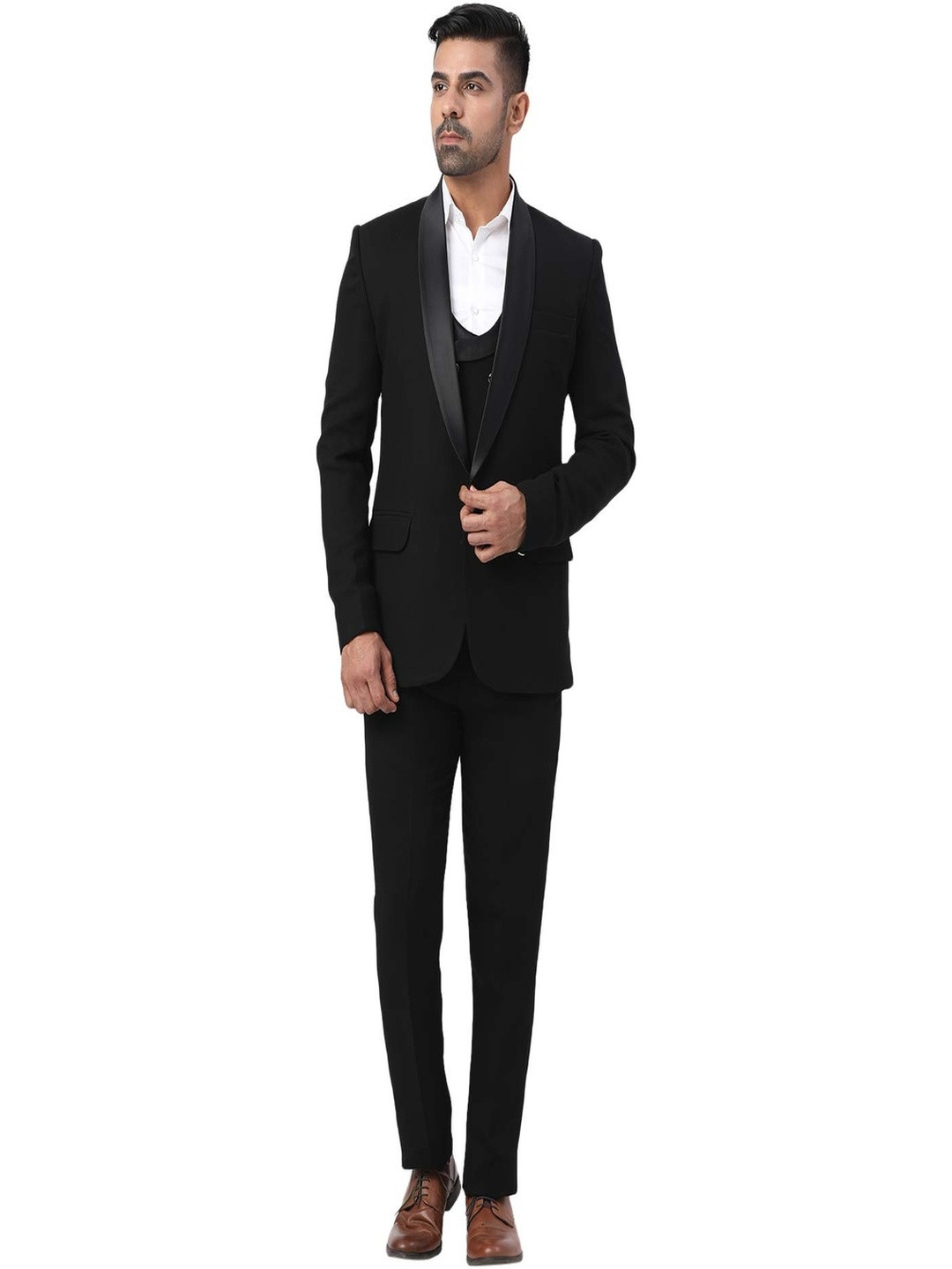 DHINGRA Men Shawl Collar Tuxedo 3 pcs Suit With Double Press Waistcoat