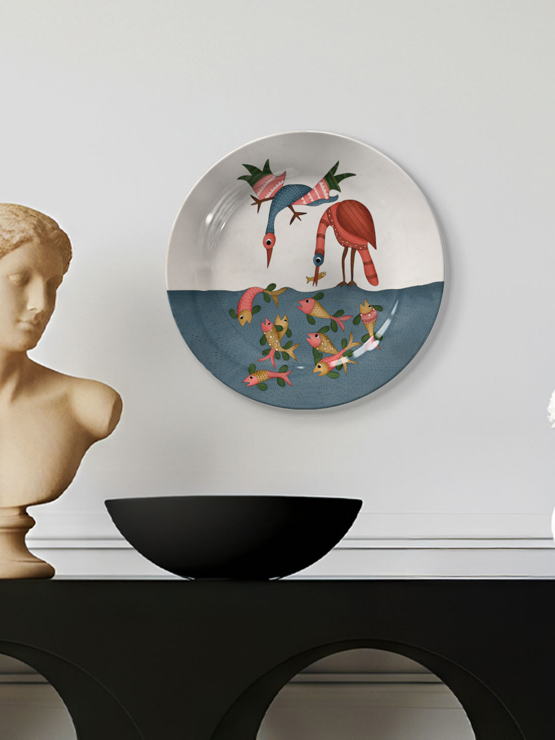 DESSINE ART Grey & Red Crane & Flamingo Fishing Decorative Wall Plate