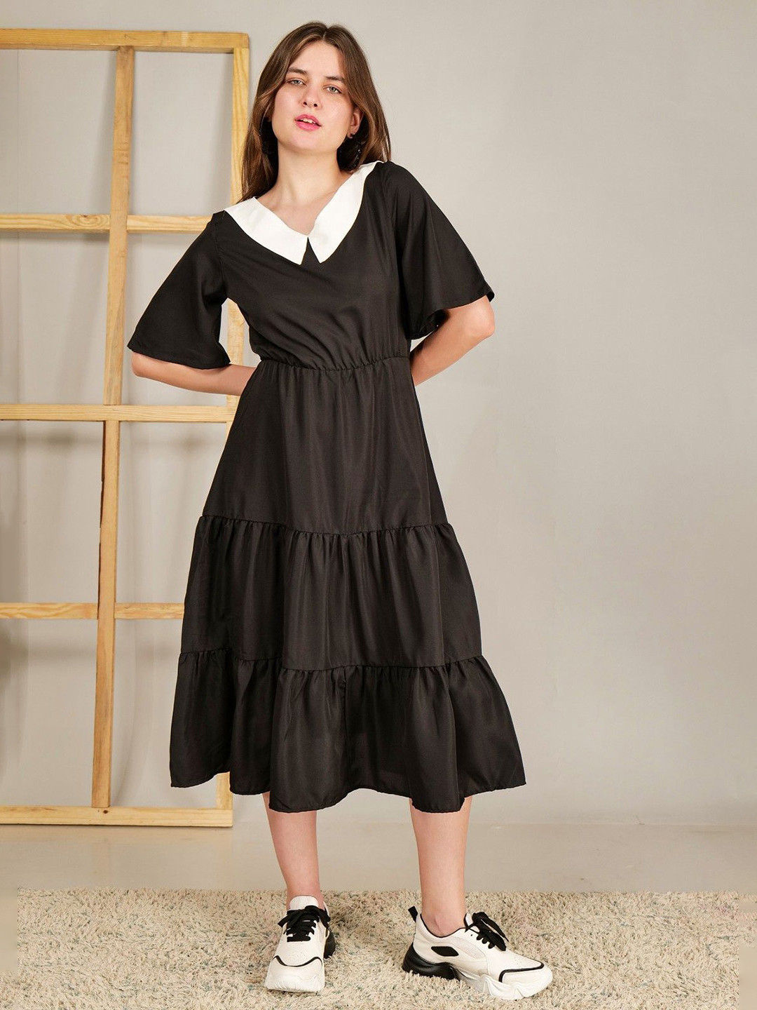 HE Him and Her Peter Pan Collar Flared Sleeve Fit & Flare Midi Dress