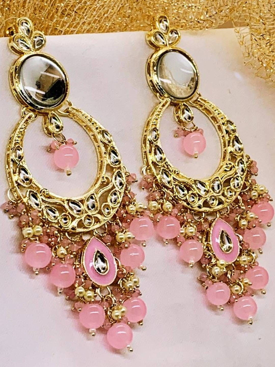 Neeara Women Pink Kundan Chandbali With Pearls Drop Earrings