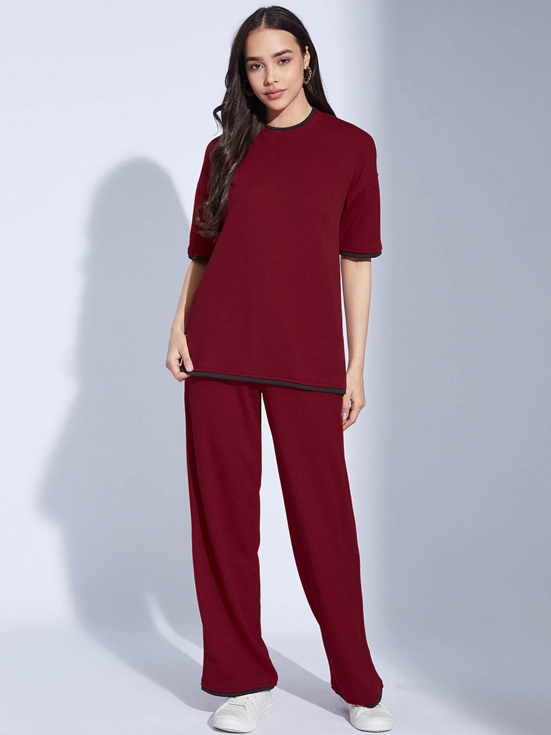 Selvia Edge Women Solid Round Neck Top and Trousers Co-Ords