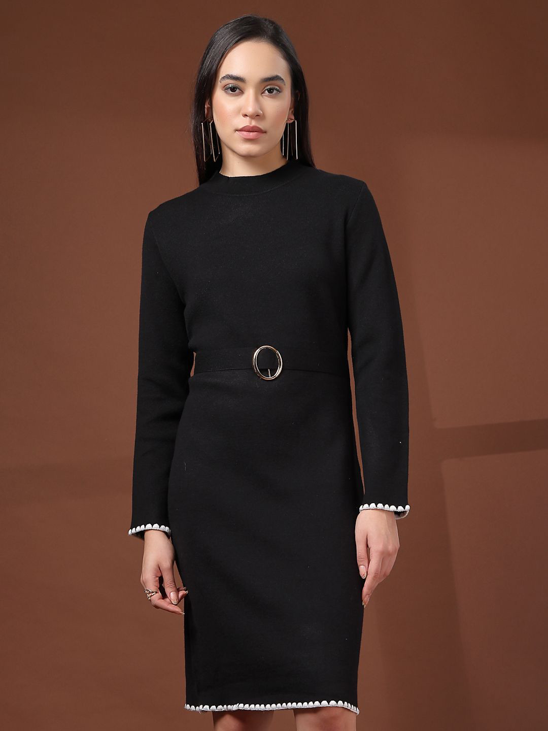 Mafadeny Crew Neck Knit Dress with Pearl Trim and Buckle Belt