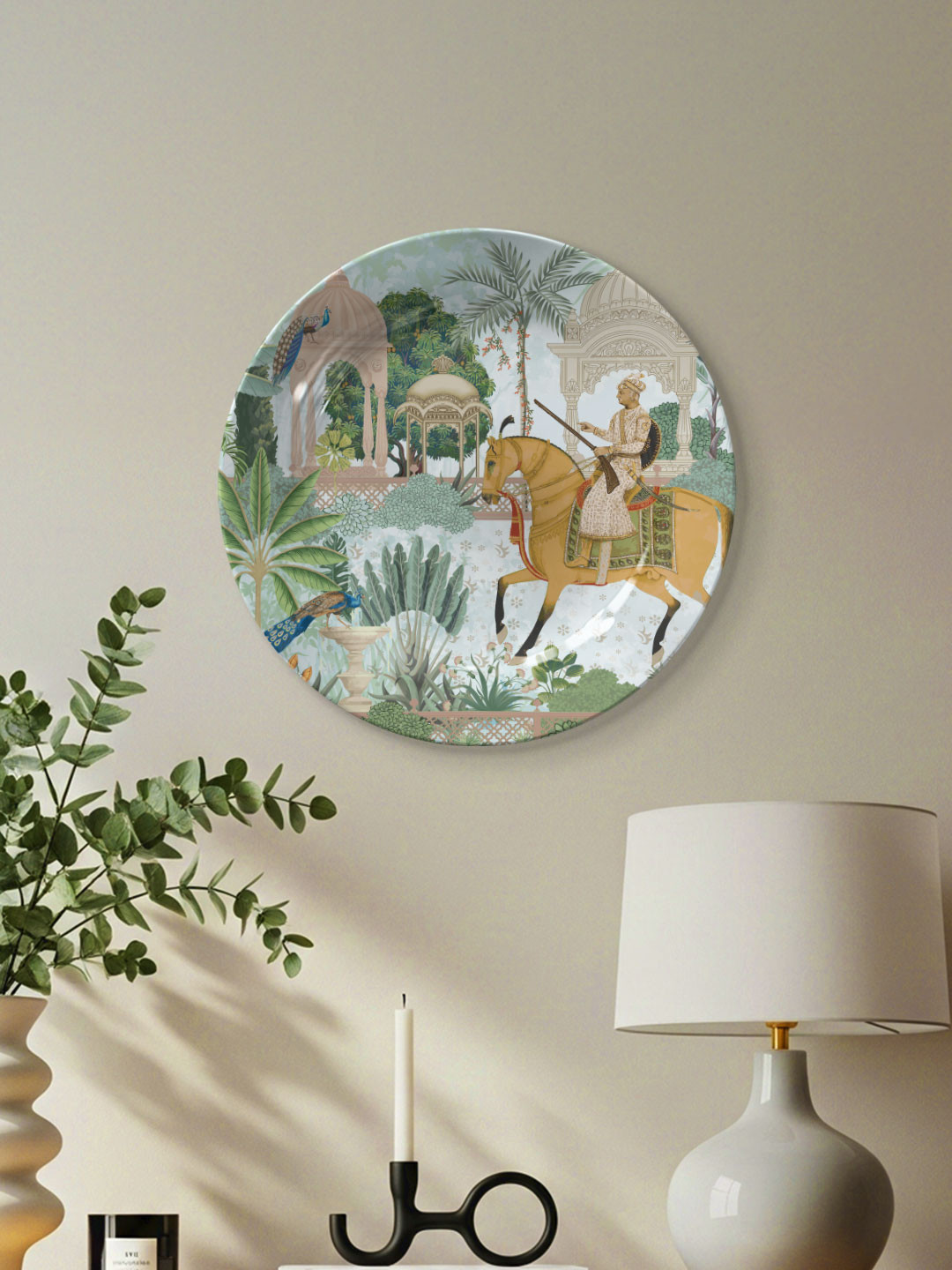 DESSINE ART Green & Beige Mughal King Akbar In His Garden Decorative Wall Plate