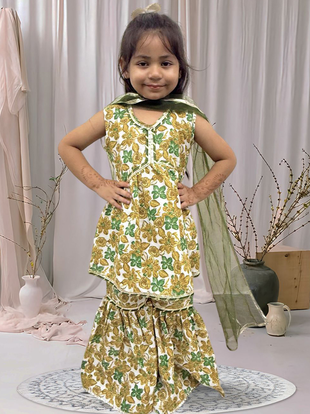 Cutiekins Girls Floral Printed Regular Gotta Patti A-Line Kurta with Sharara & Dupatta