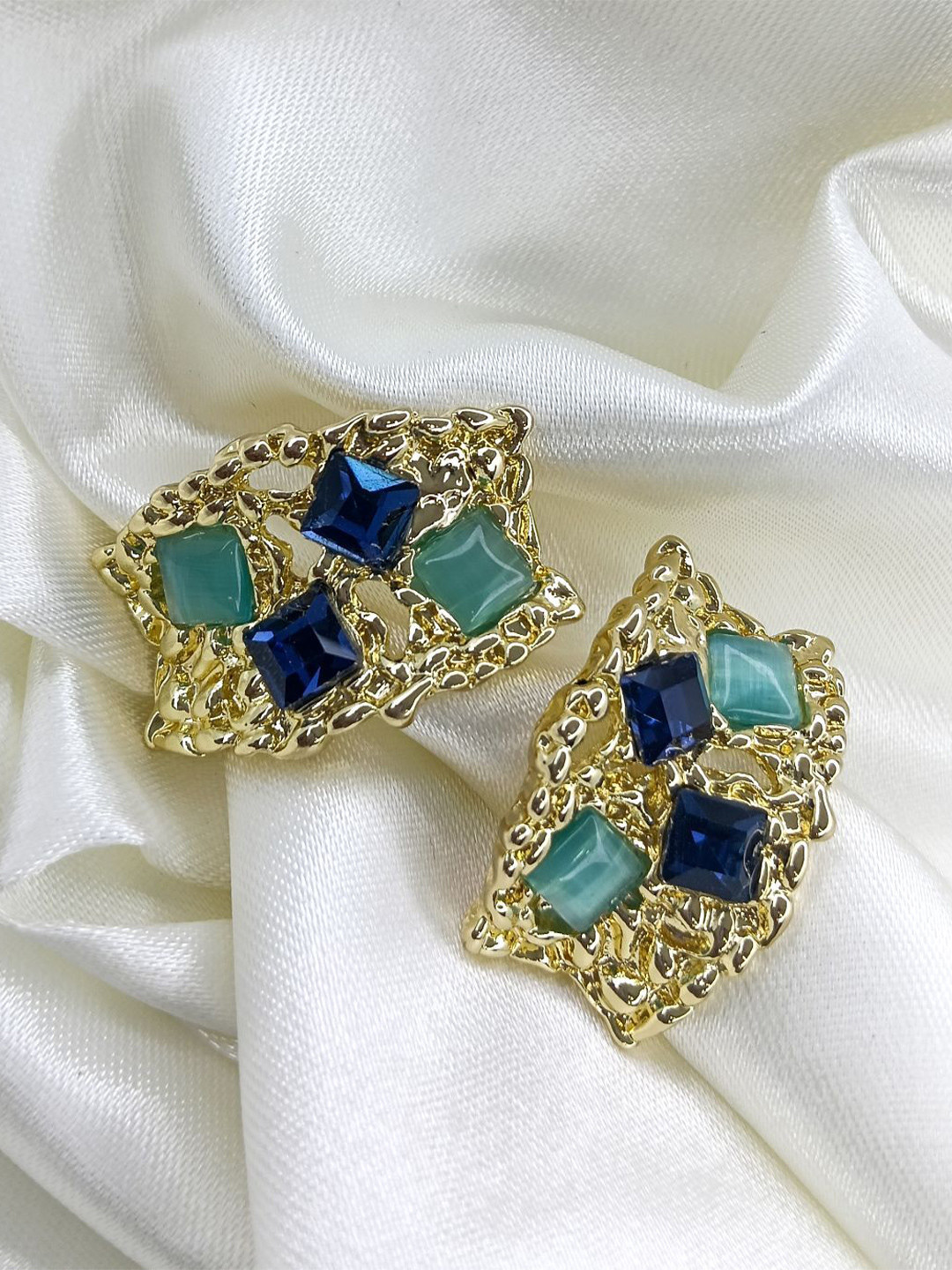 VELVET IMPERIAL Gold-Plated Artificial Stones Studded Contemporary Half Hoop Earrings