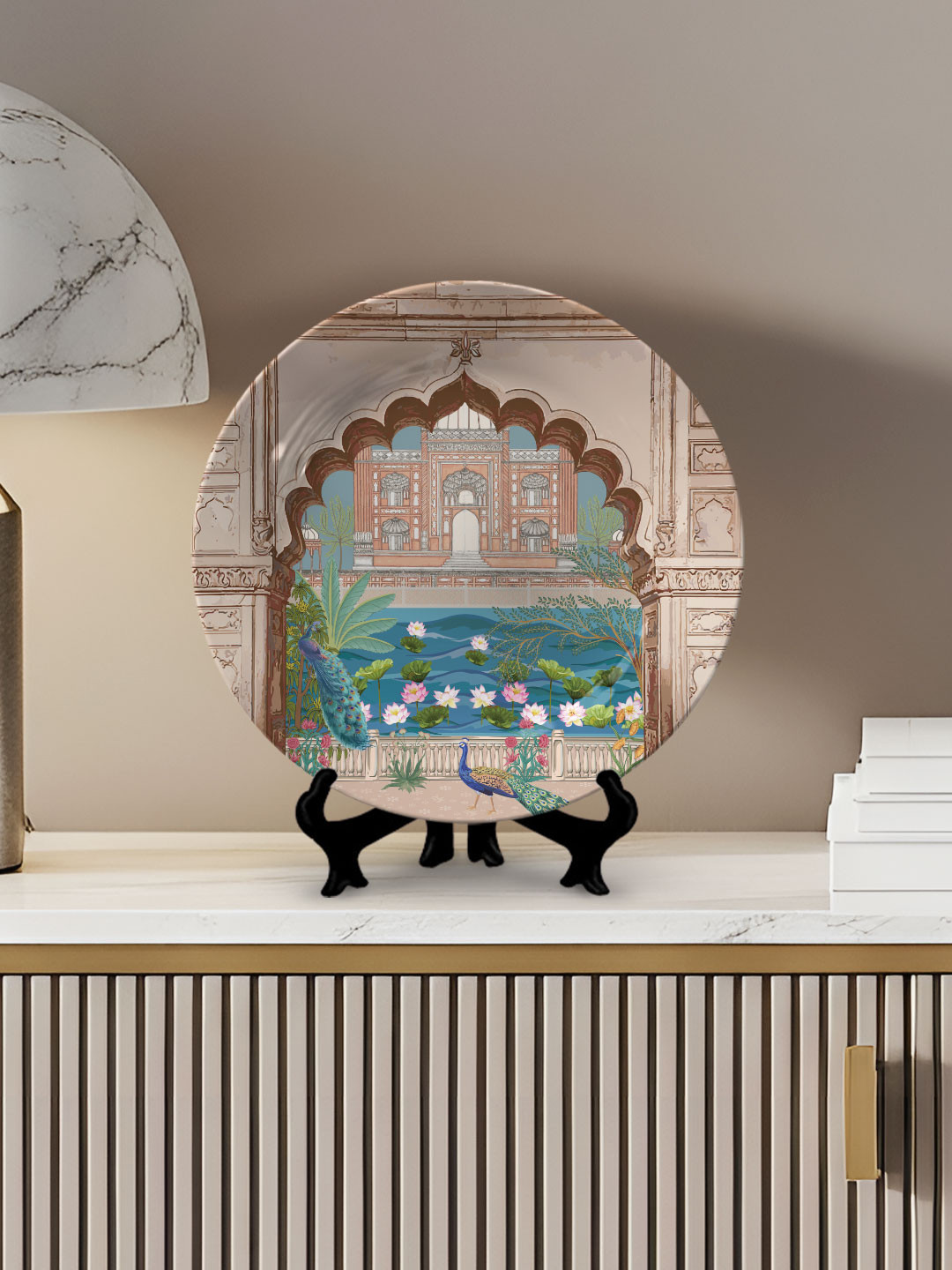 DESSINE ART Brown Tomb of Humayun Decorative Plate with Stand & Metal Hook Wall Art