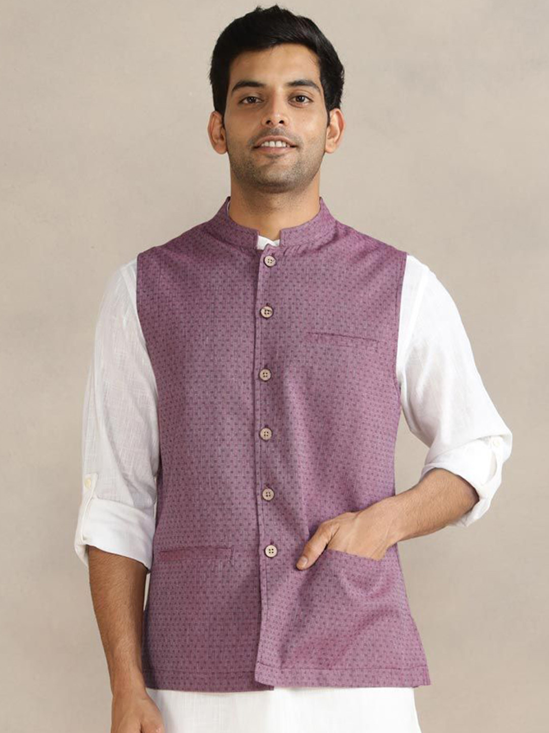 Fabindia Dobby Textured Cotton Woven Nehru Jacket