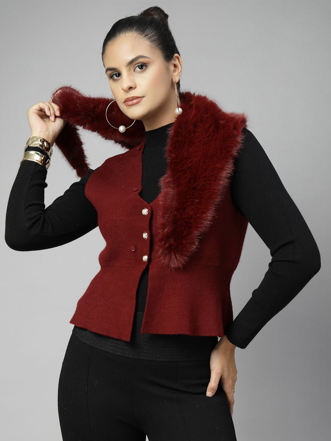 Mafadeny Women Sleeveless Cardigan with Faux Fur Collar