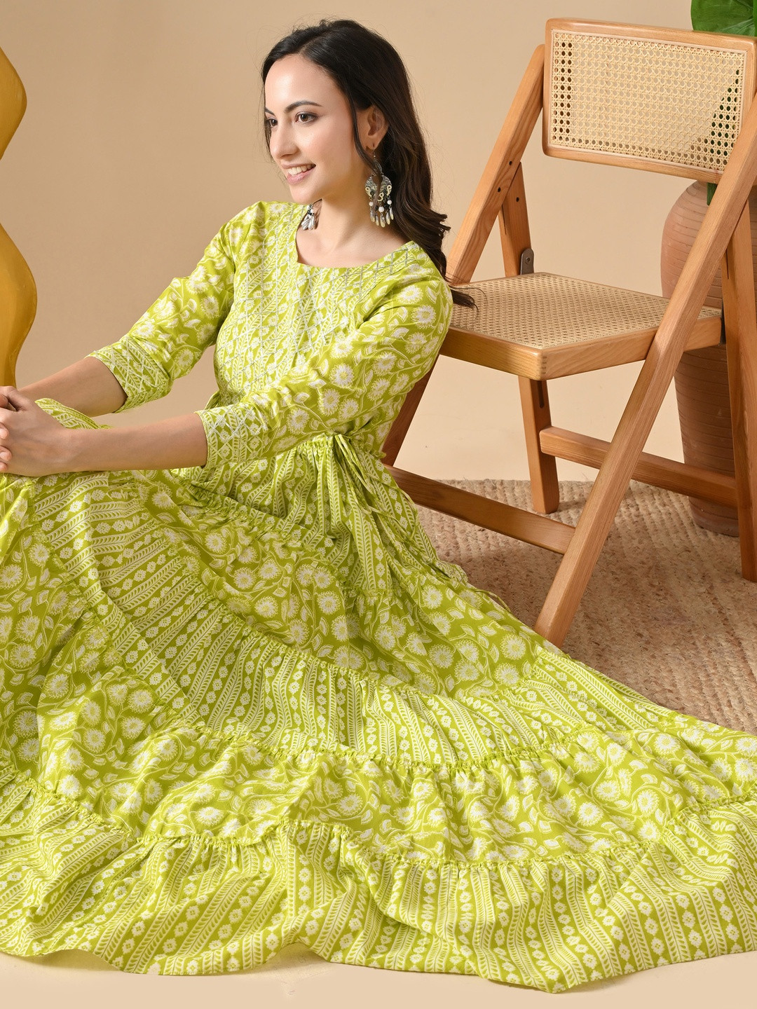 HERE&NOW Jaipurite Floral Print Cotton Blend Stitched Anarkali Kurta