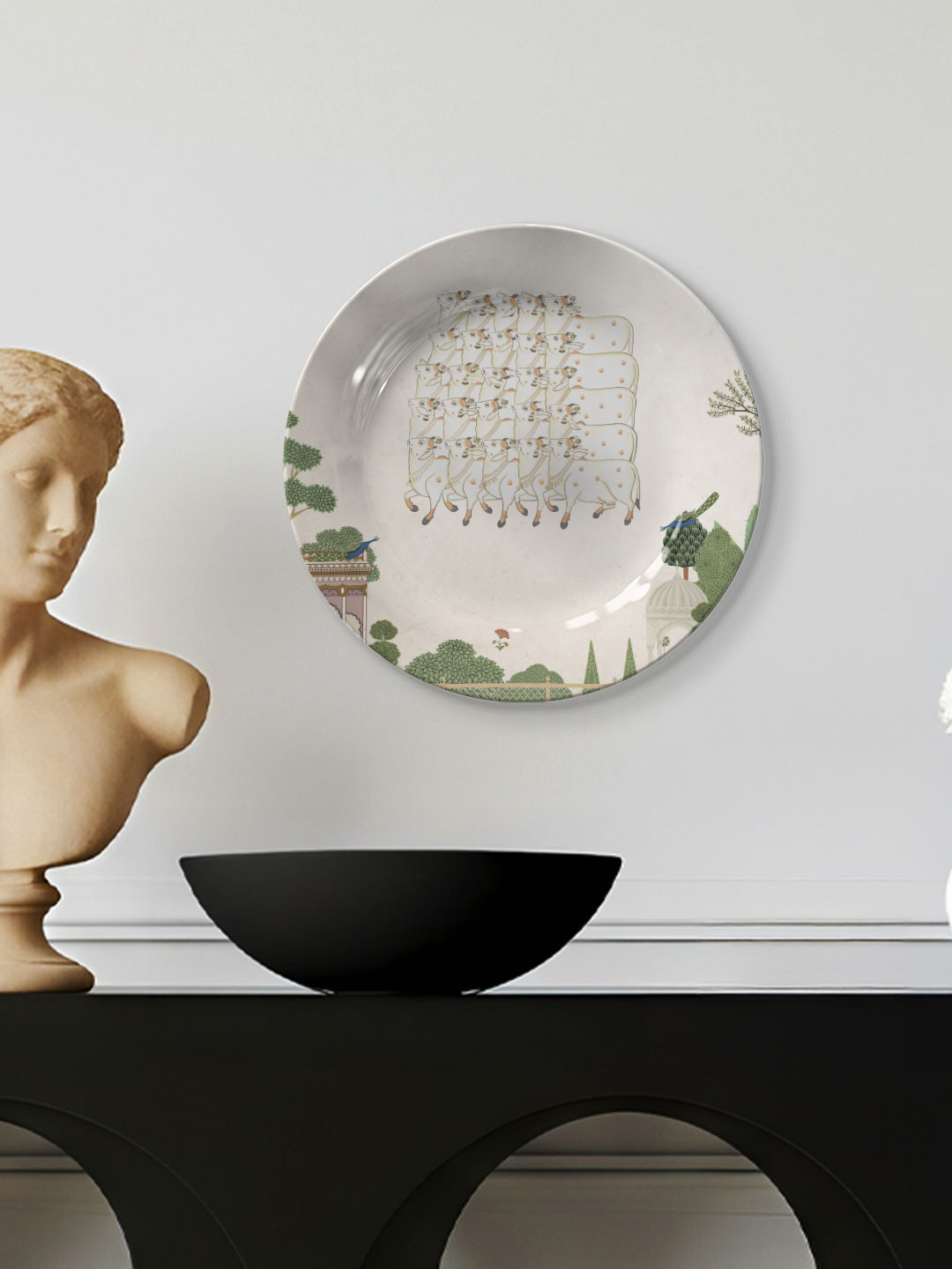 DESSINE ART White & Green Pichwai Cow Printed Decorative Wall Plate