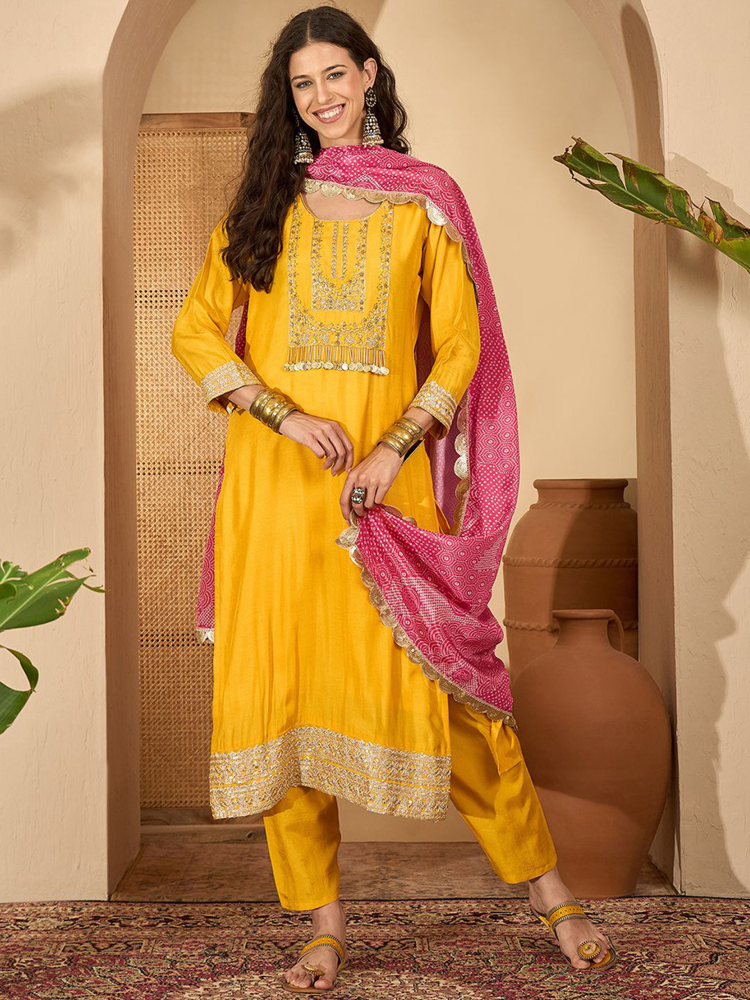 Banwaree Yoke Design Pure Silk Straight Kurti With Trousers & Dupatta