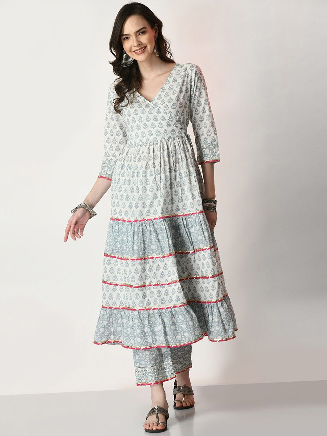 Vogue by Avantika Floral Printed Pure Cotton V-Neck Anarkali Kurta With Trousers